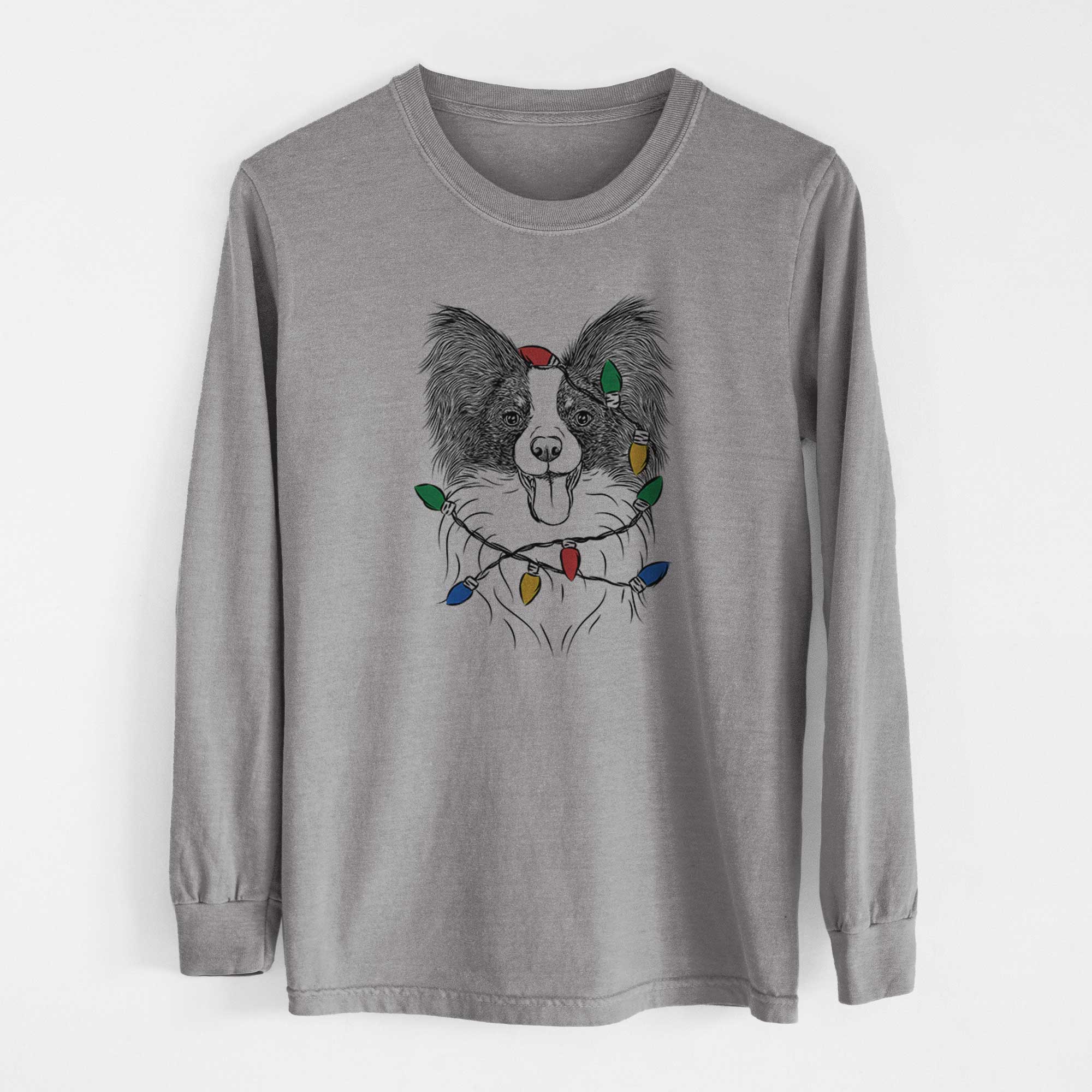 Christmas Lights Patrick the Papillon - Heavyweight 100% Cotton Long Sleeve