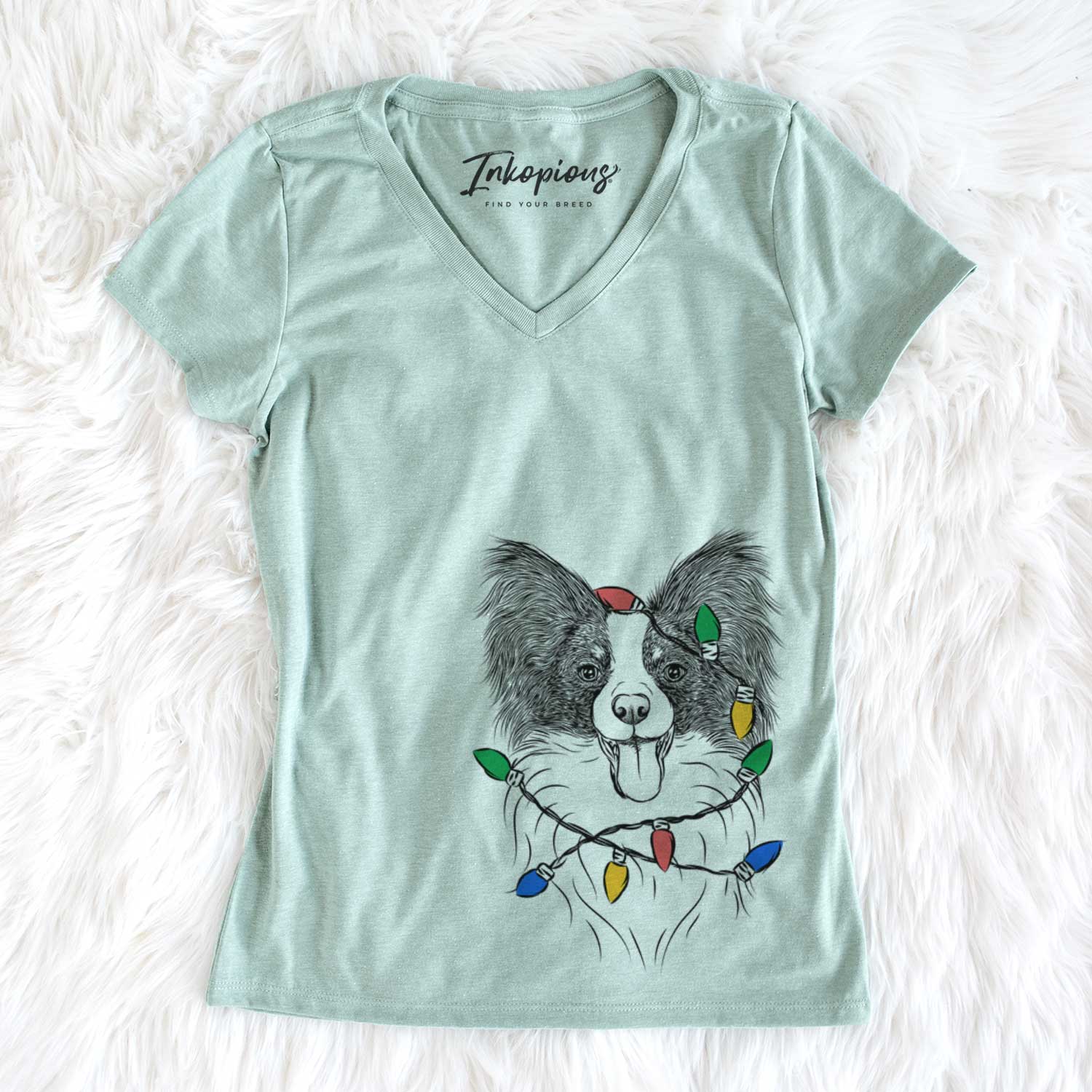 Christmas Lights Patrick the Papillon - Women's V-neck Shirt