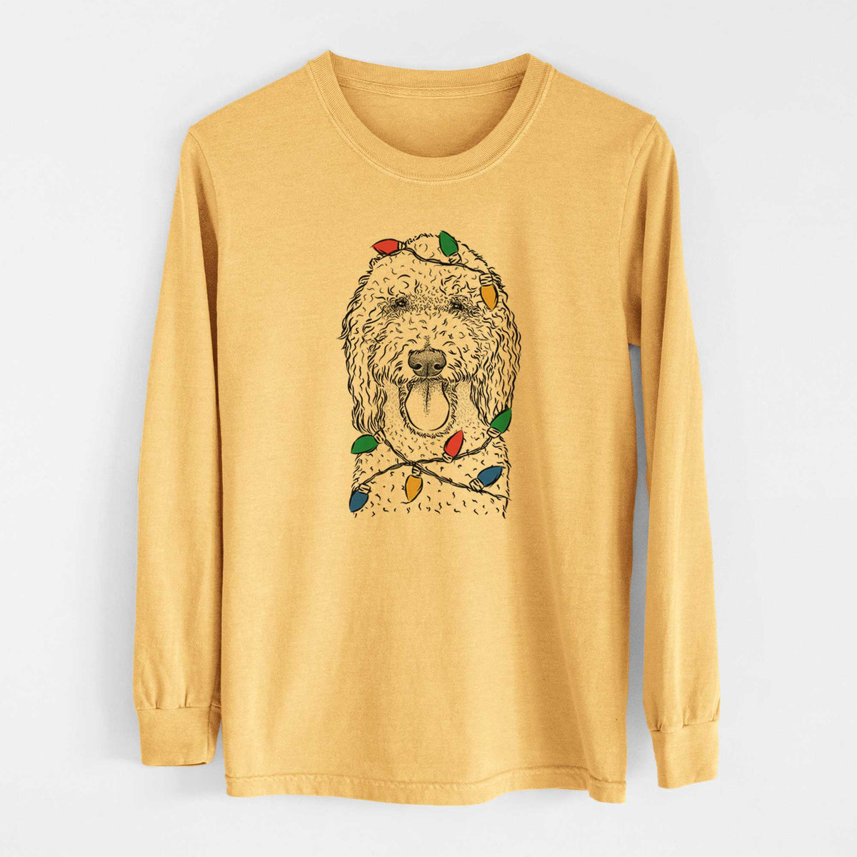 Christmas Lights Pavlov the Goldendoodle - Heavyweight 100% Cotton Long Sleeve
