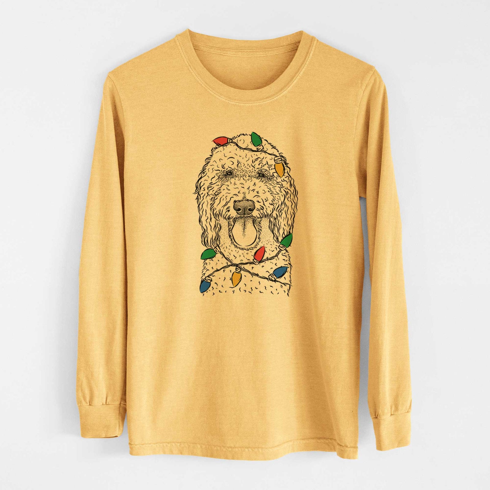 Christmas Lights Pavlov the Goldendoodle - Heavyweight 100% Cotton Long Sleeve