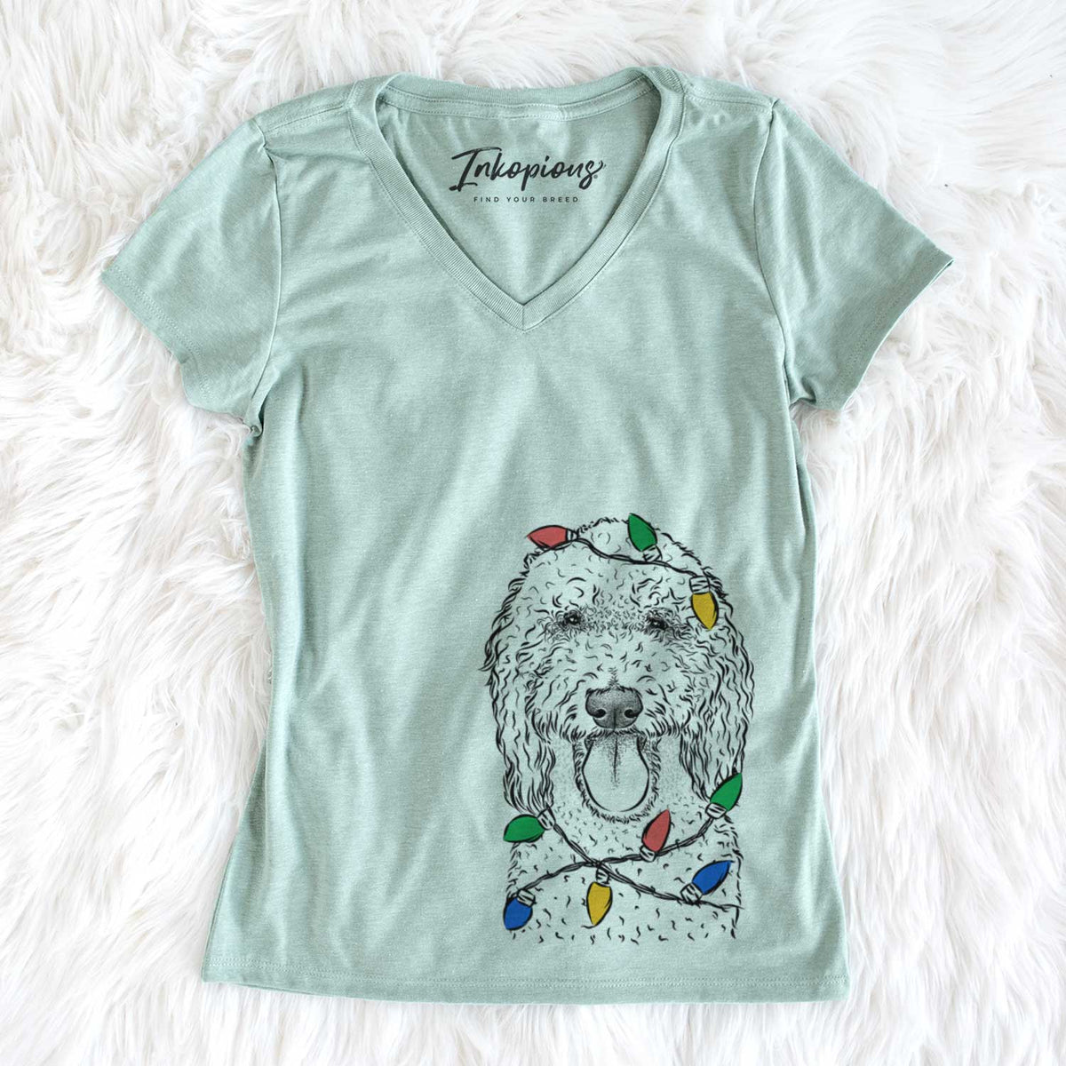 Christmas Lights Pavlov the Goldendoodle - Women&#39;s V-neck Shirt