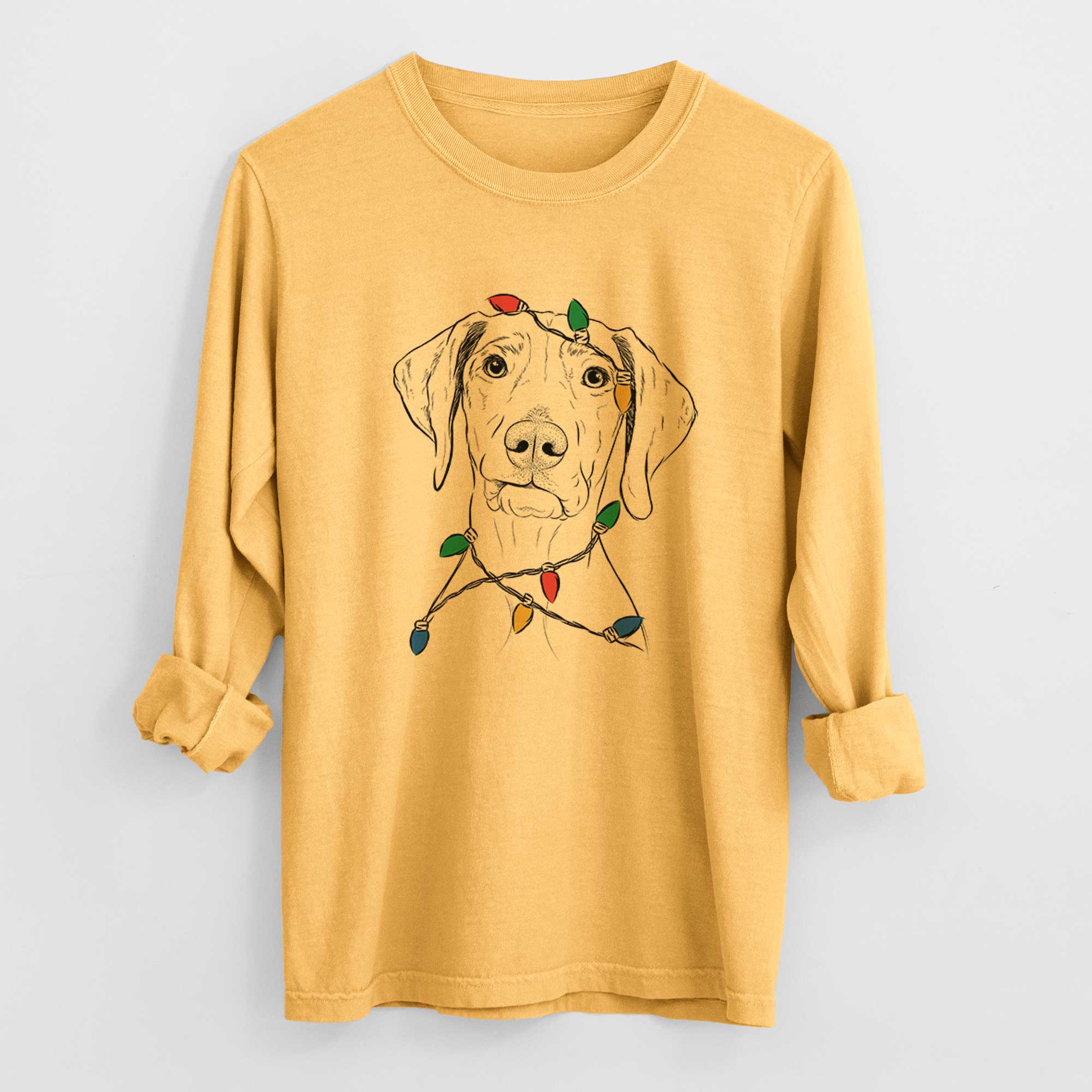 Christmas Lights Pawley the Vizsla - Heavyweight 100% Cotton Long Sleeve