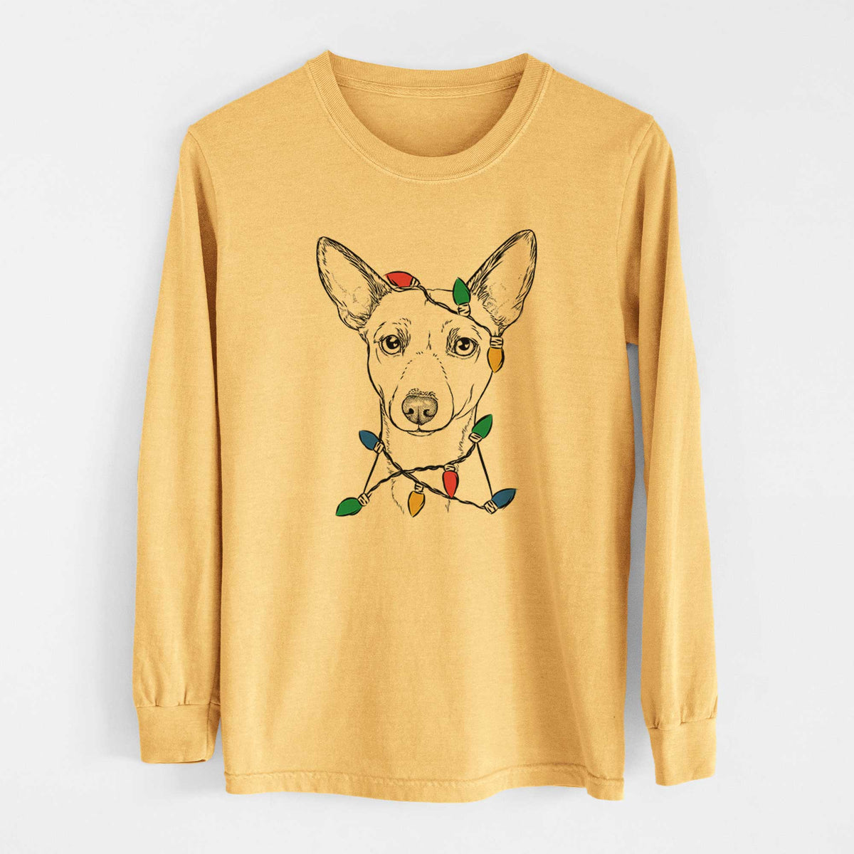 Christmas Lights Perry the Portuguese Podengo - Heavyweight 100% Cotton Long Sleeve