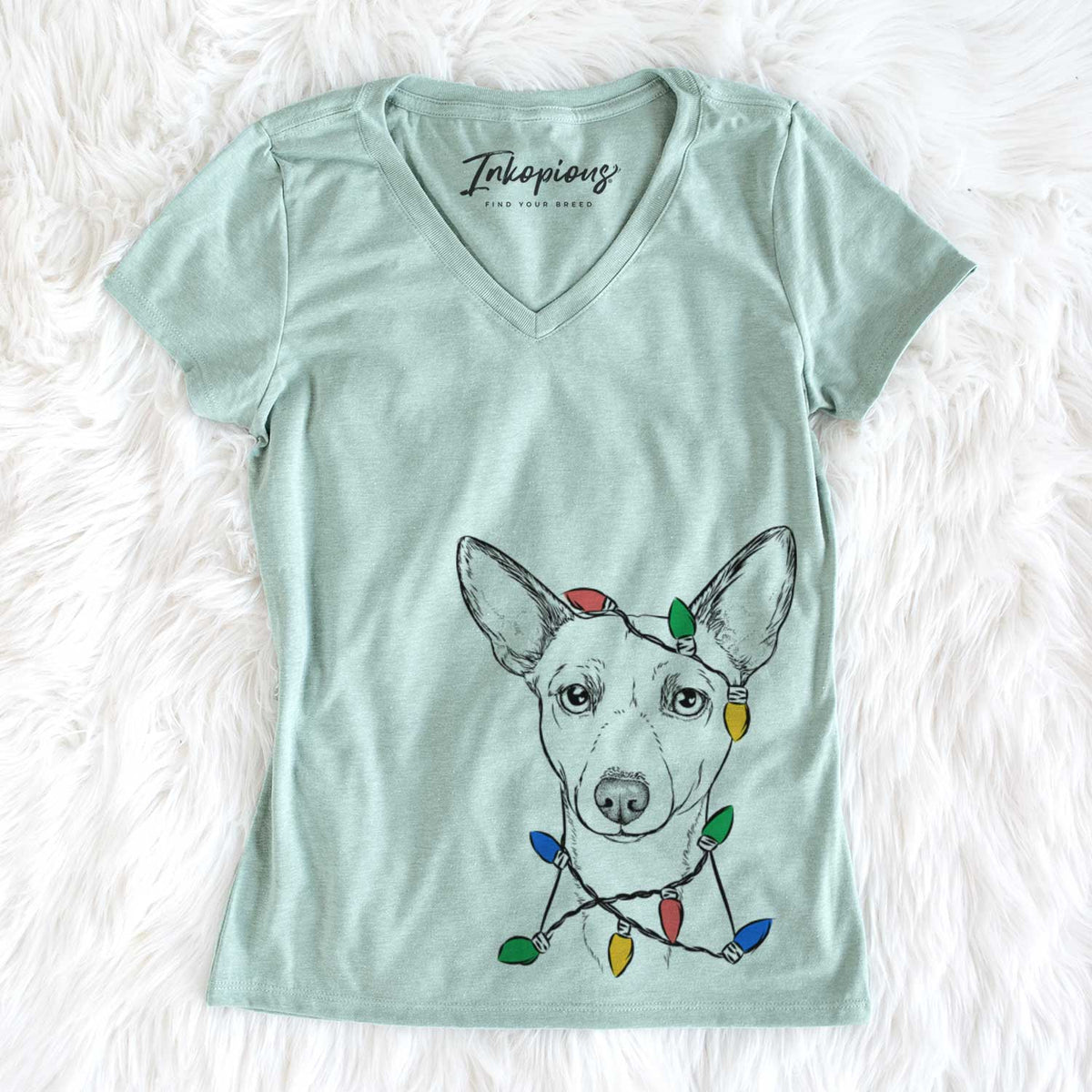 Christmas Lights Perry the Portuguese Podengo - Women&#39;s V-neck Shirt