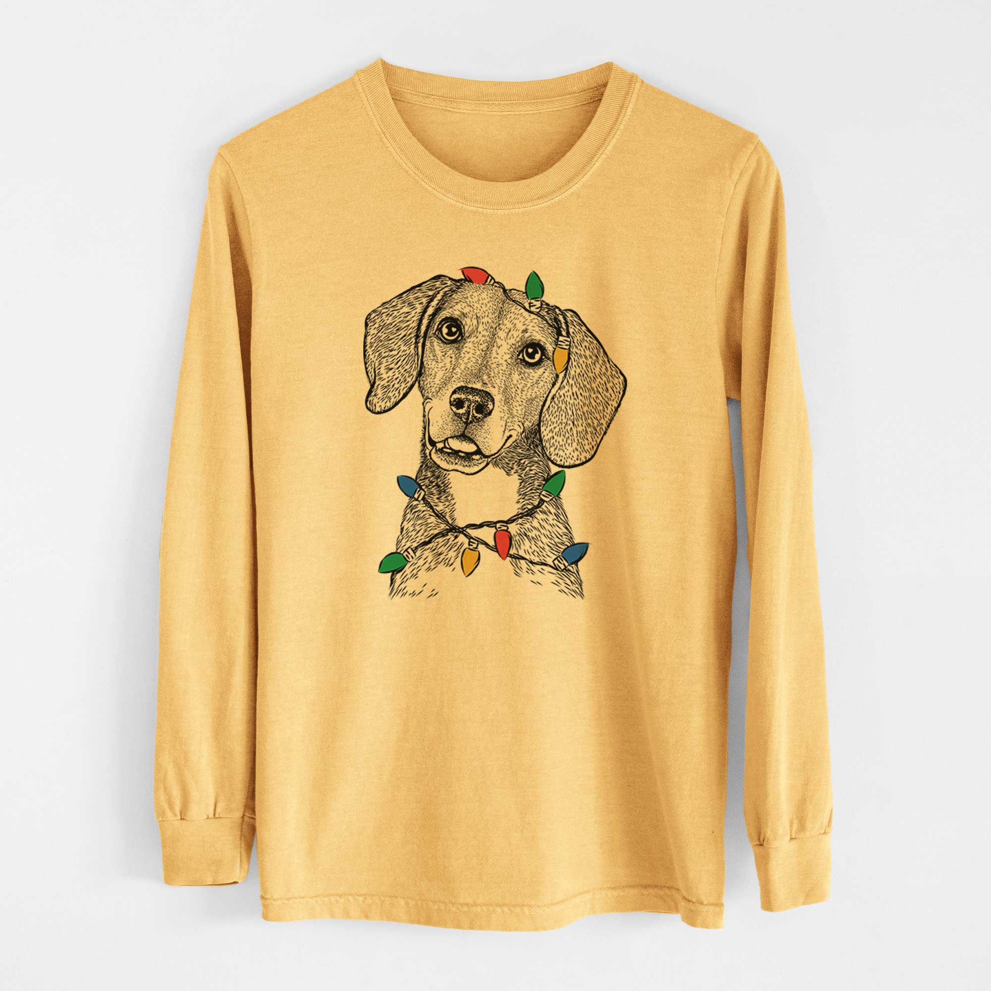 Christmas Lights Piggy the Beagle Mix - Heavyweight 100% Cotton Long Sleeve