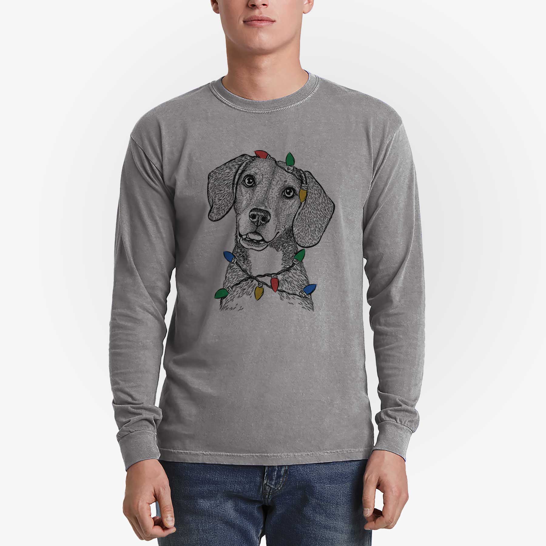 Christmas Lights Piggy the Beagle Mix - Heavyweight 100% Cotton Long Sleeve