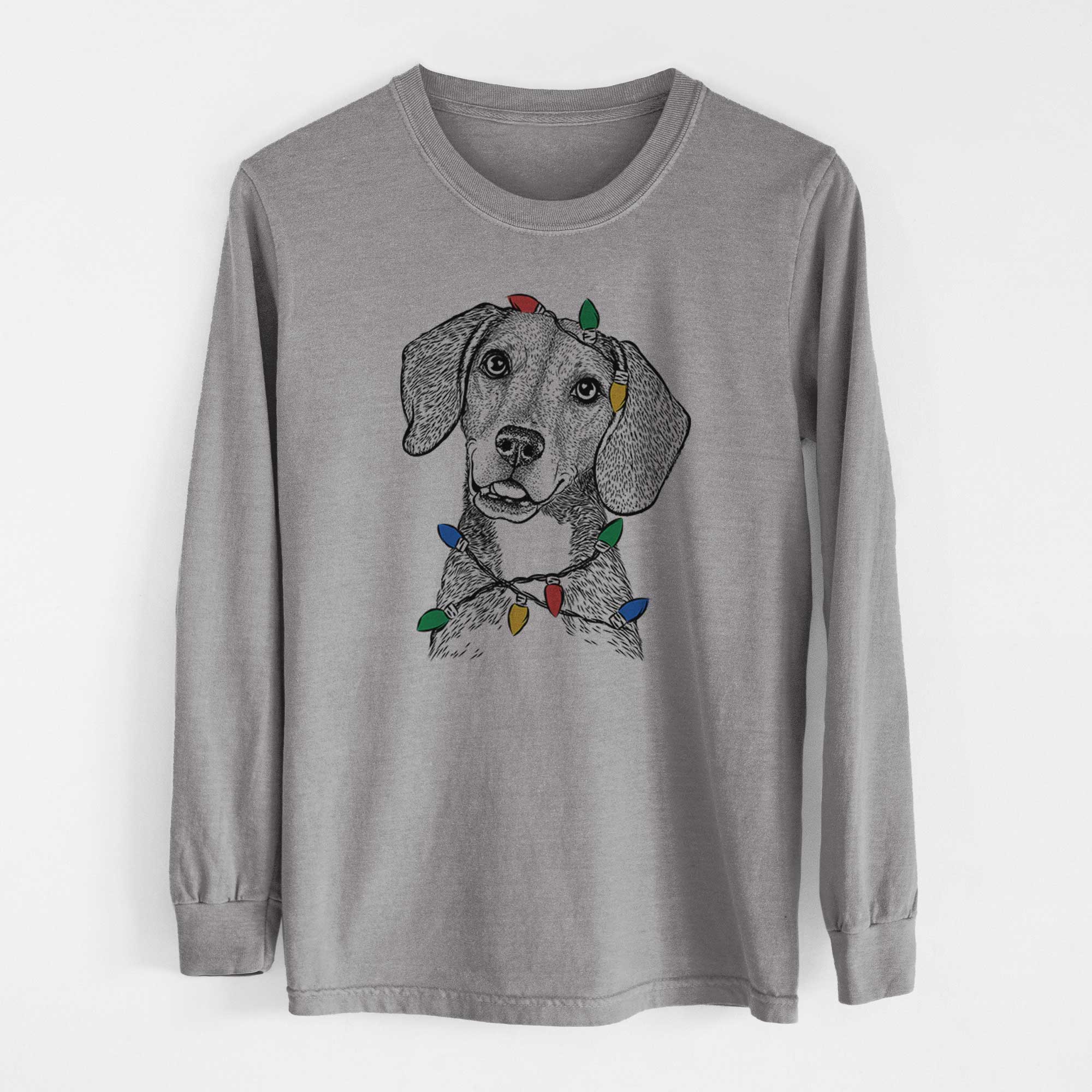 Christmas Lights Piggy the Beagle Mix - Heavyweight 100% Cotton Long Sleeve