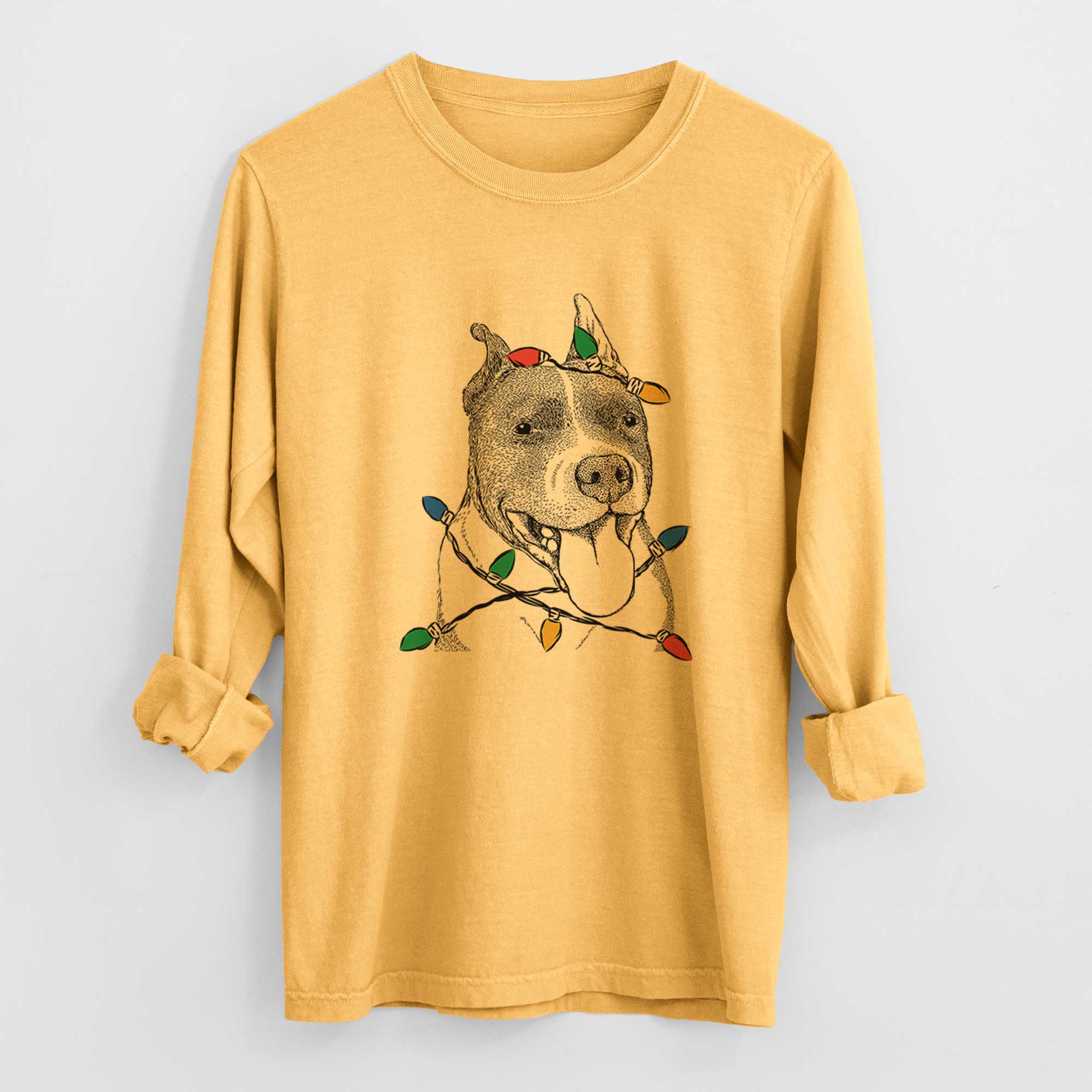 Christmas Lights Piggy the American Staffordshire Terrier - Heavyweight 100% Cotton Long Sleeve