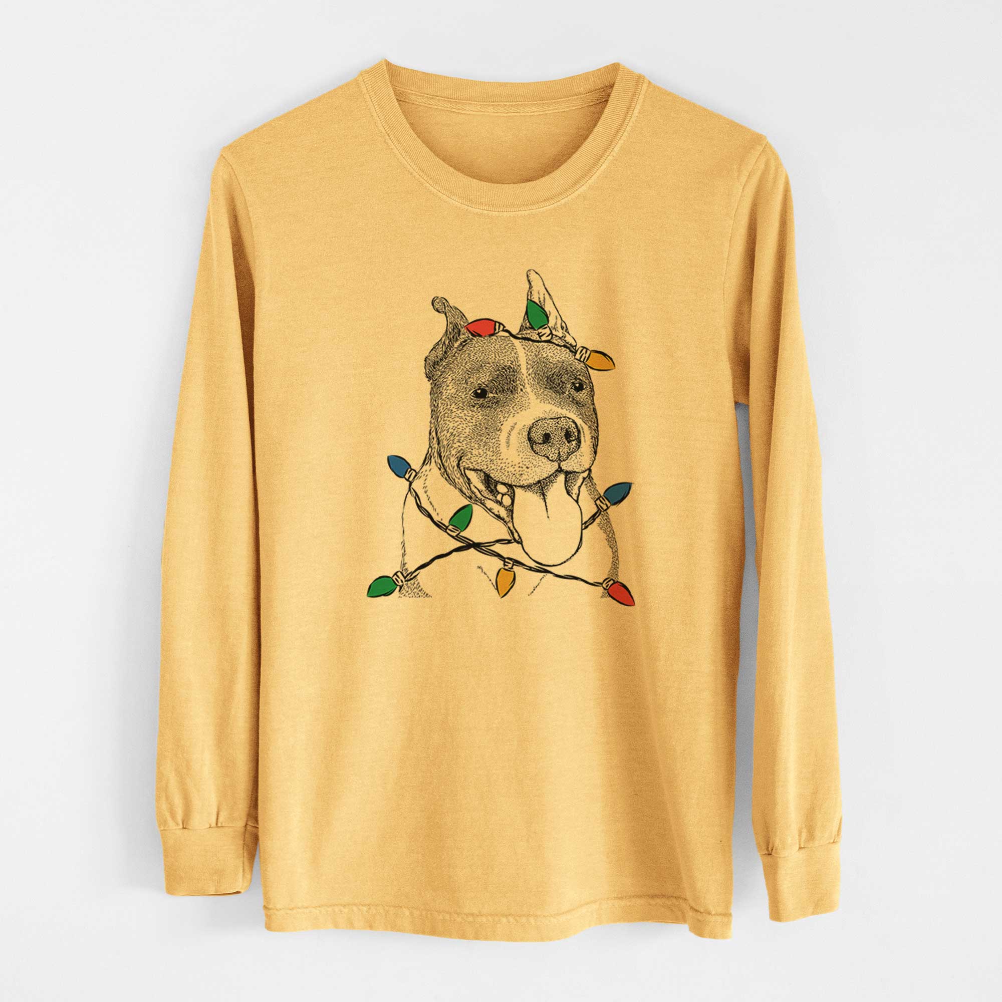 Christmas Lights Piggy the American Staffordshire Terrier - Heavyweight 100% Cotton Long Sleeve