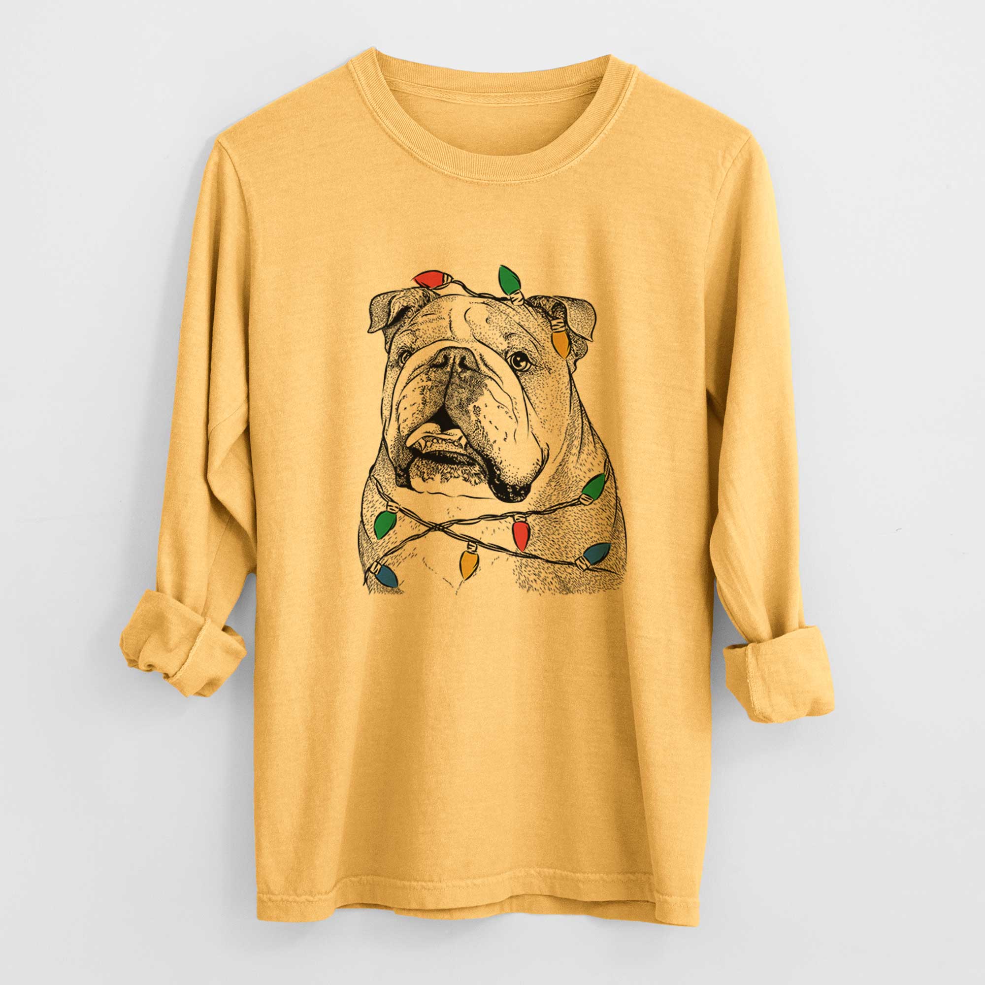 Christmas Lights Piggy the English Bulldog - Heavyweight 100% Cotton Long Sleeve