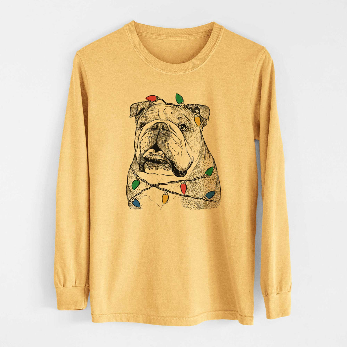 Christmas Lights Piggy the English Bulldog - Heavyweight 100% Cotton Long Sleeve