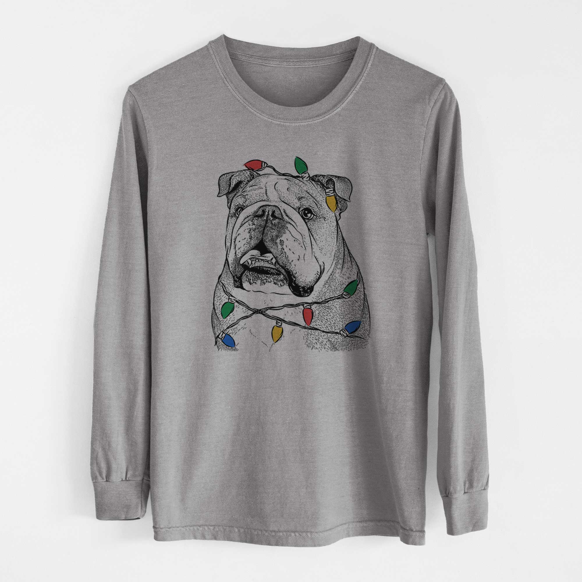 Christmas Lights Piggy the English Bulldog - Heavyweight 100% Cotton Long Sleeve