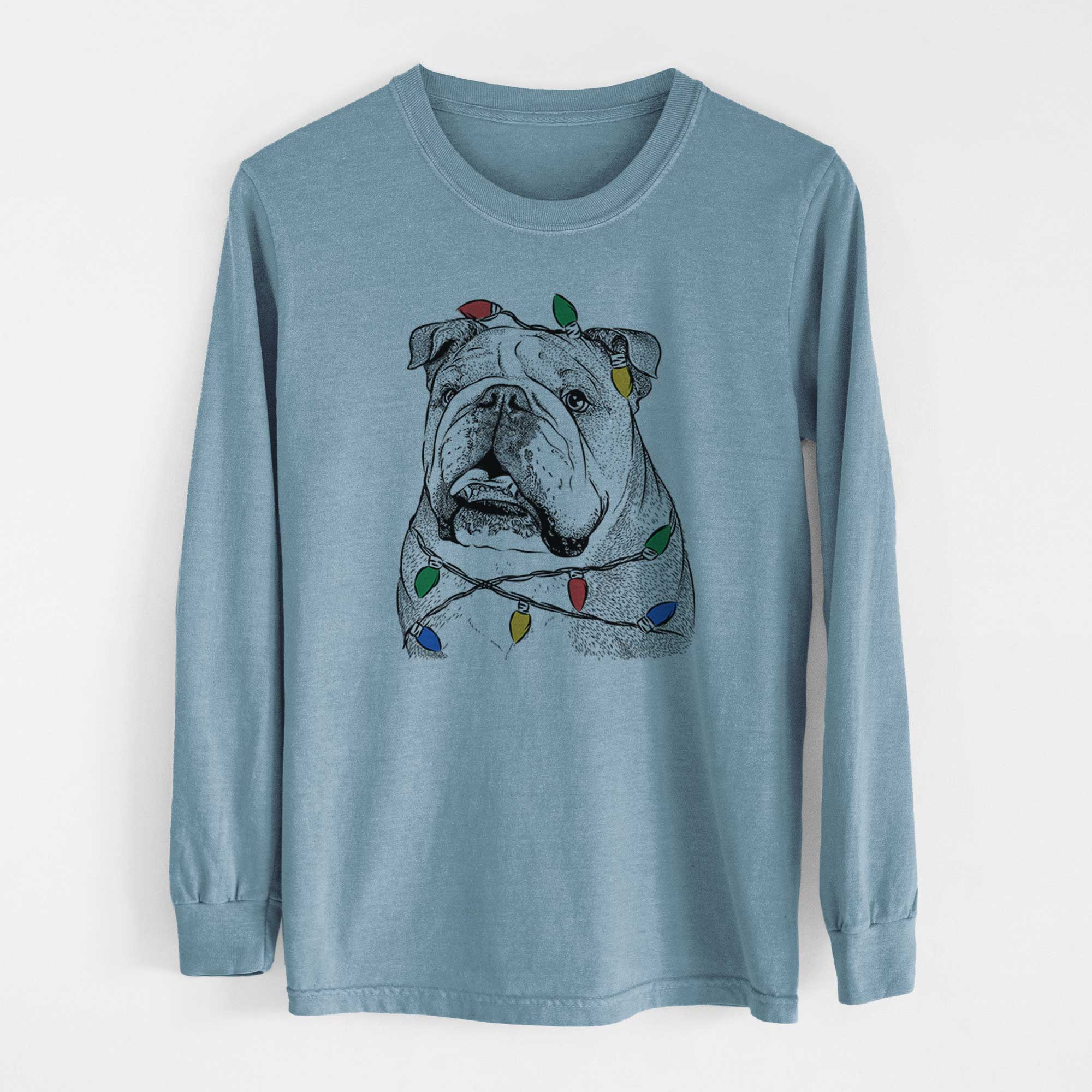 Christmas Lights Piggy the English Bulldog - Heavyweight 100% Cotton Long Sleeve