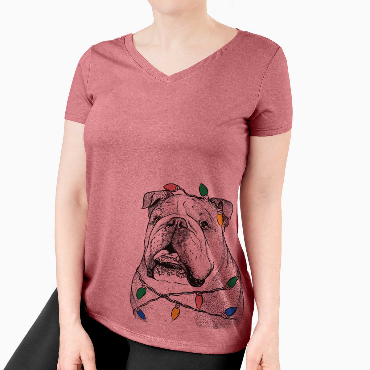 Christmas Lights Piggy the English Bulldog - Women's V-neck Shirt