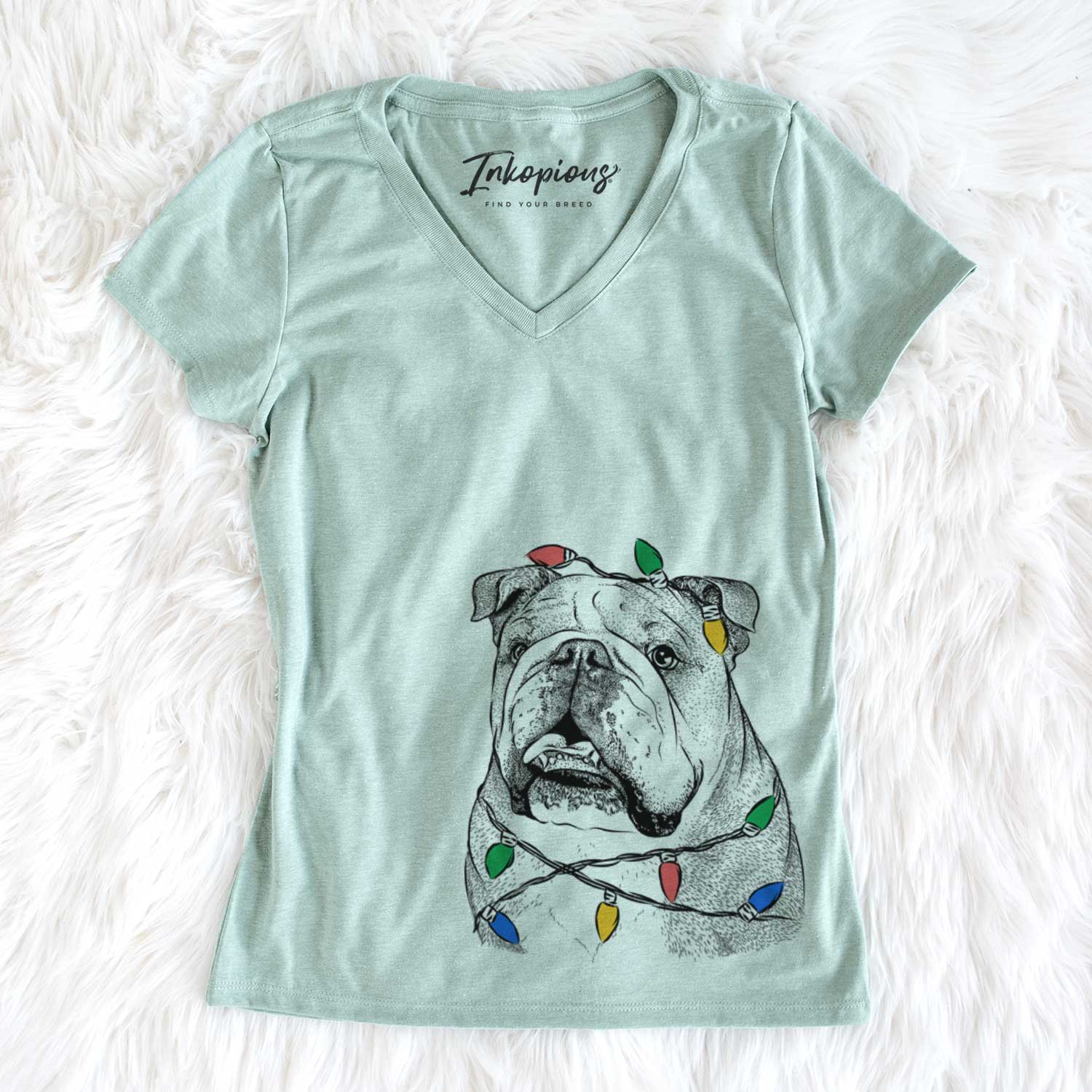 Christmas Lights Piggy the English Bulldog - Women's V-neck Shirt