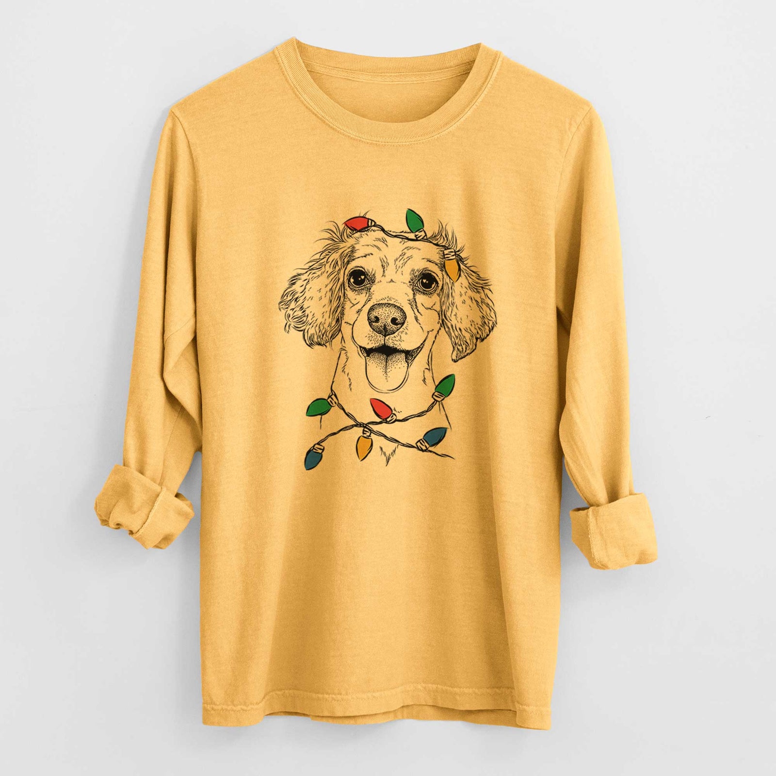 Christmas Lights Piglet the Dachshund Mix - Heavyweight 100% Cotton Long Sleeve