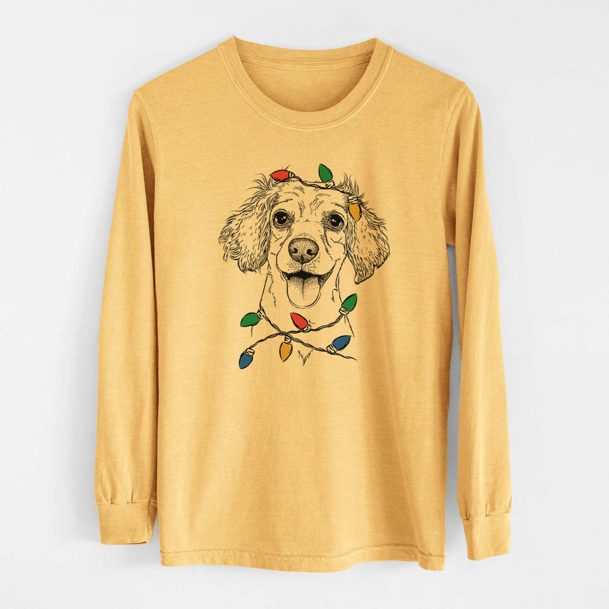 Christmas Lights Piglet the Dachshund Mix - Heavyweight 100% Cotton Long Sleeve