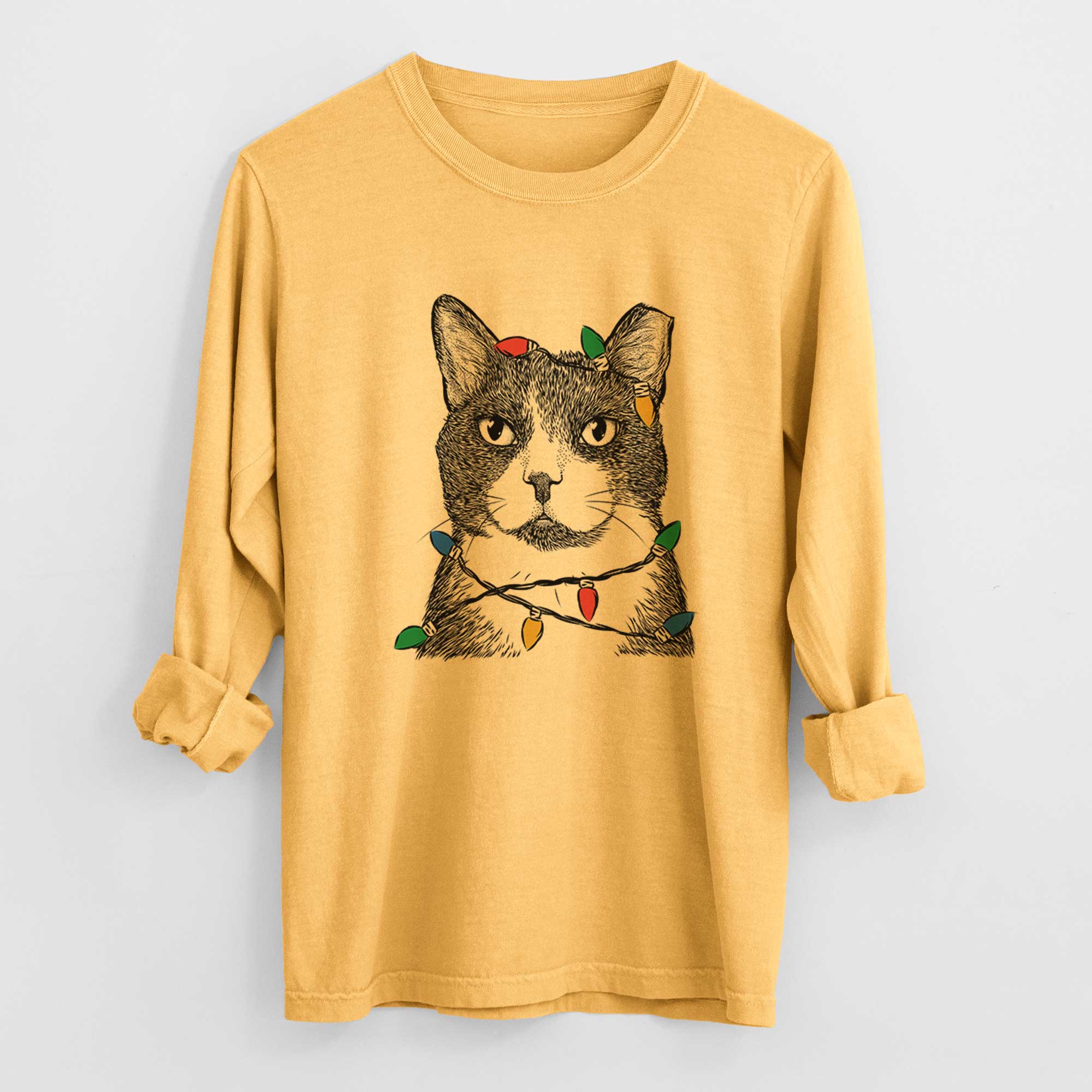 Christmas Lights Pinky the Tuxedo Cat - Heavyweight 100% Cotton Long Sleeve