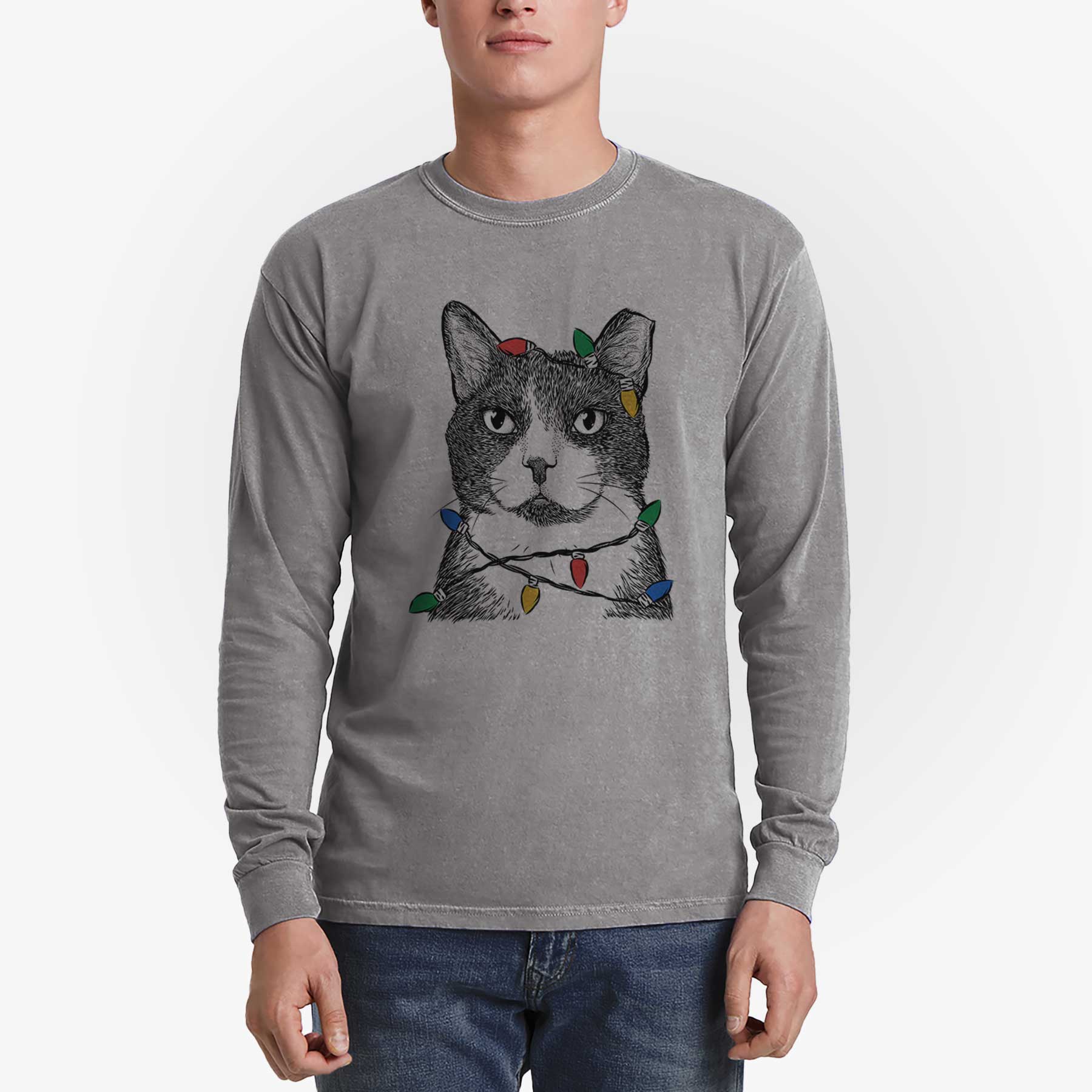 Christmas Lights Pinky the Tuxedo Cat - Heavyweight 100% Cotton Long Sleeve