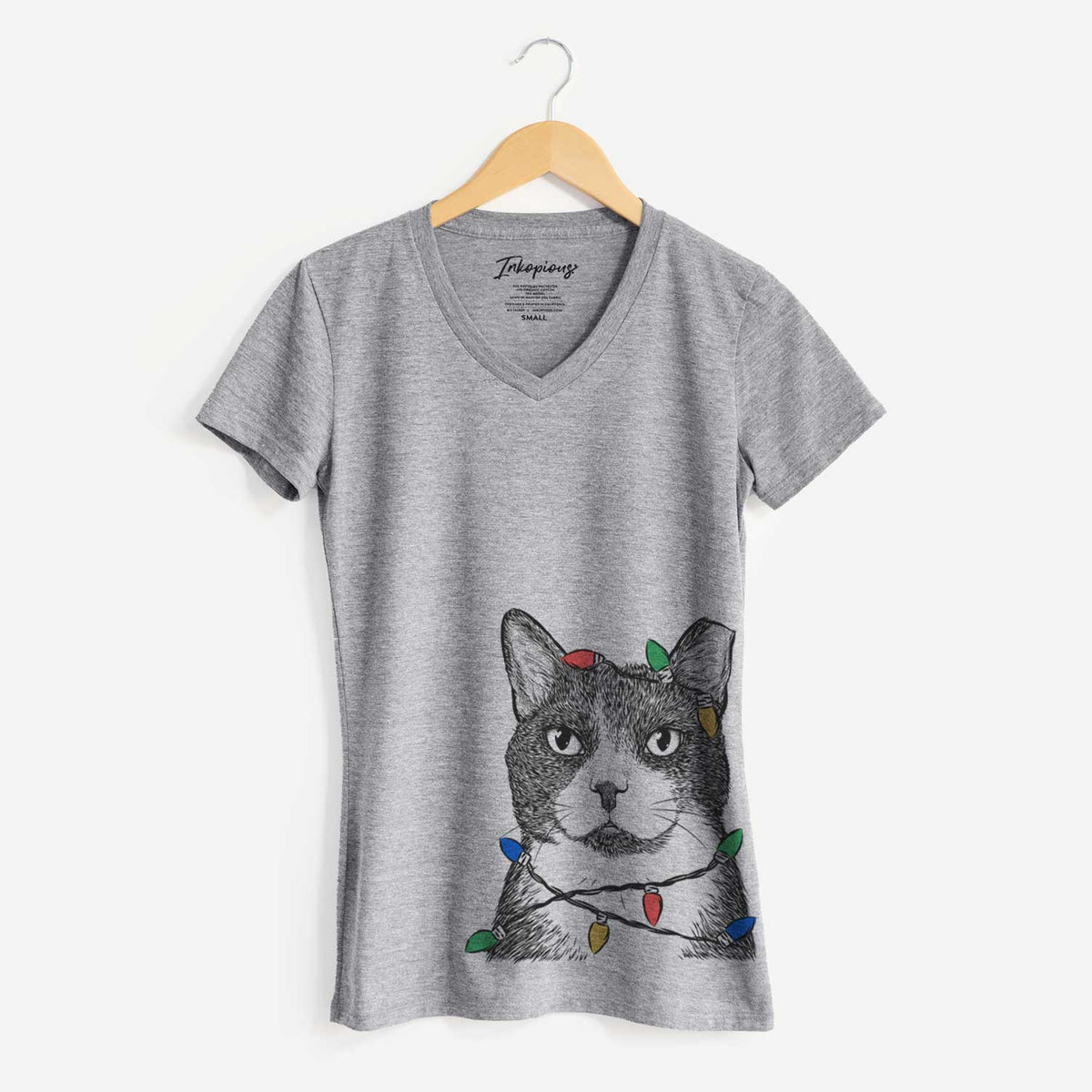 Christmas Lights Pinky the Tuxedo Cat - Women's V-neck Shirt