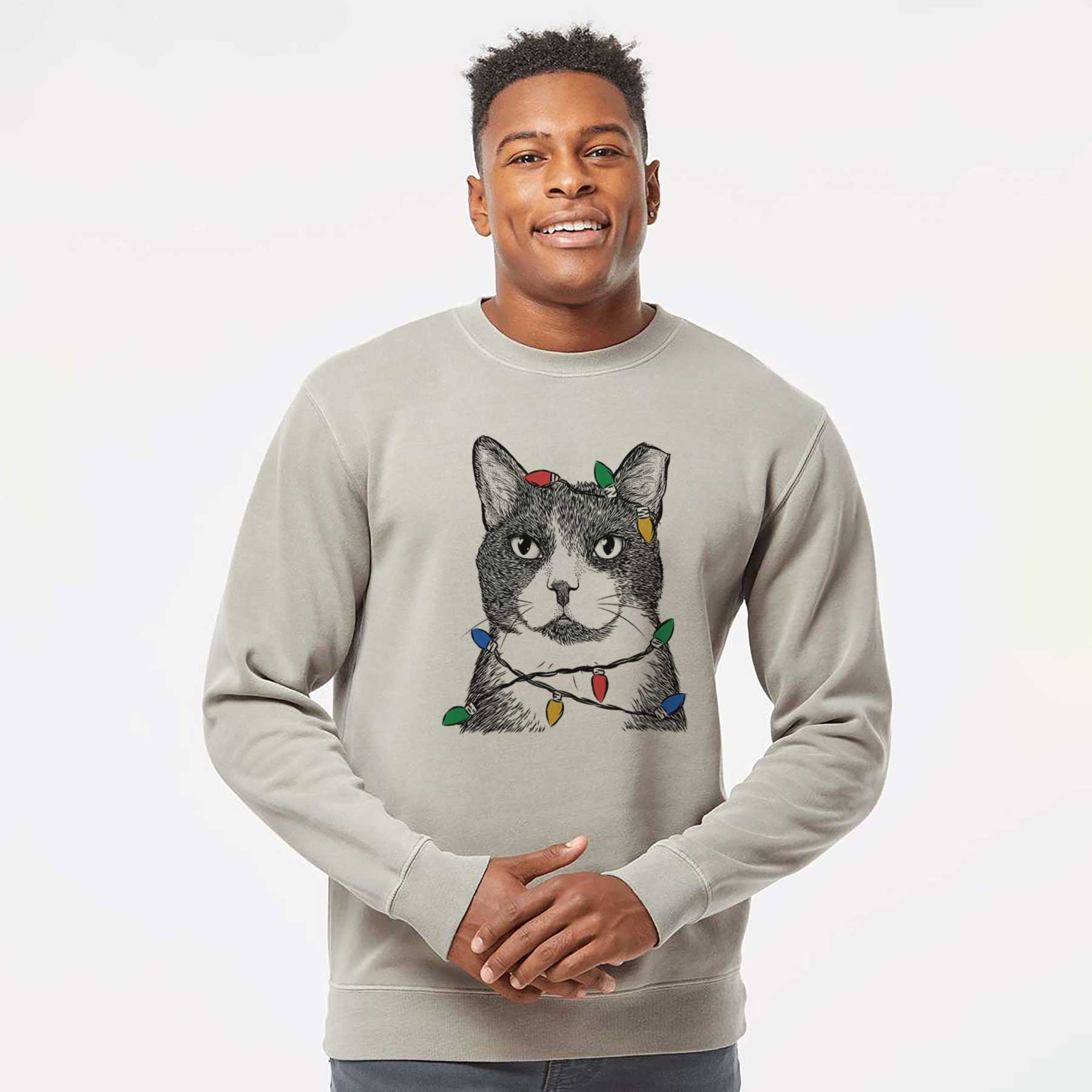 Christmas Lights Pinky the Tuxedo Cat - Unisex Pigment Dyed Crew Sweatshirt