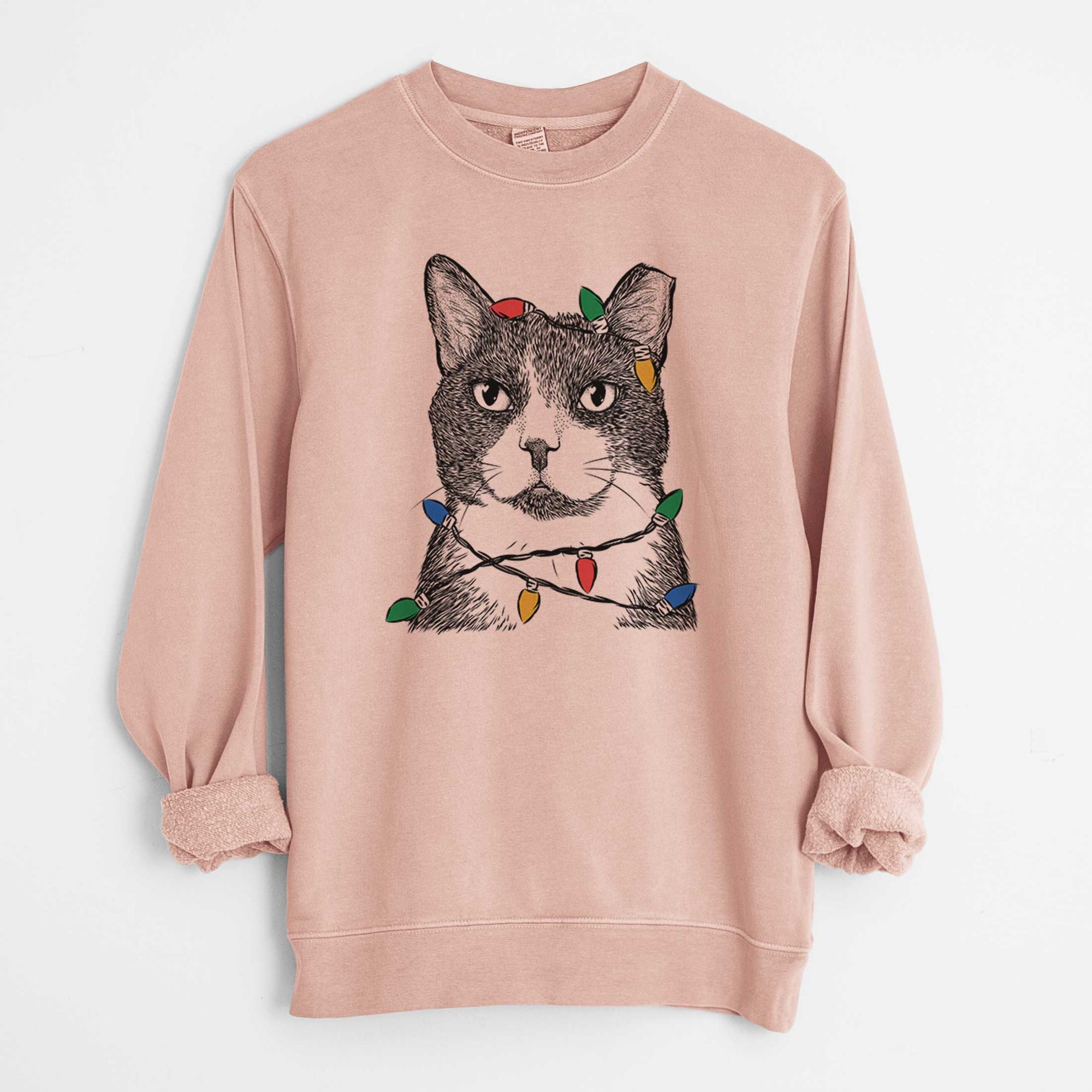 Christmas Lights Pinky the Tuxedo Cat - Unisex Pigment Dyed Crew Sweatshirt