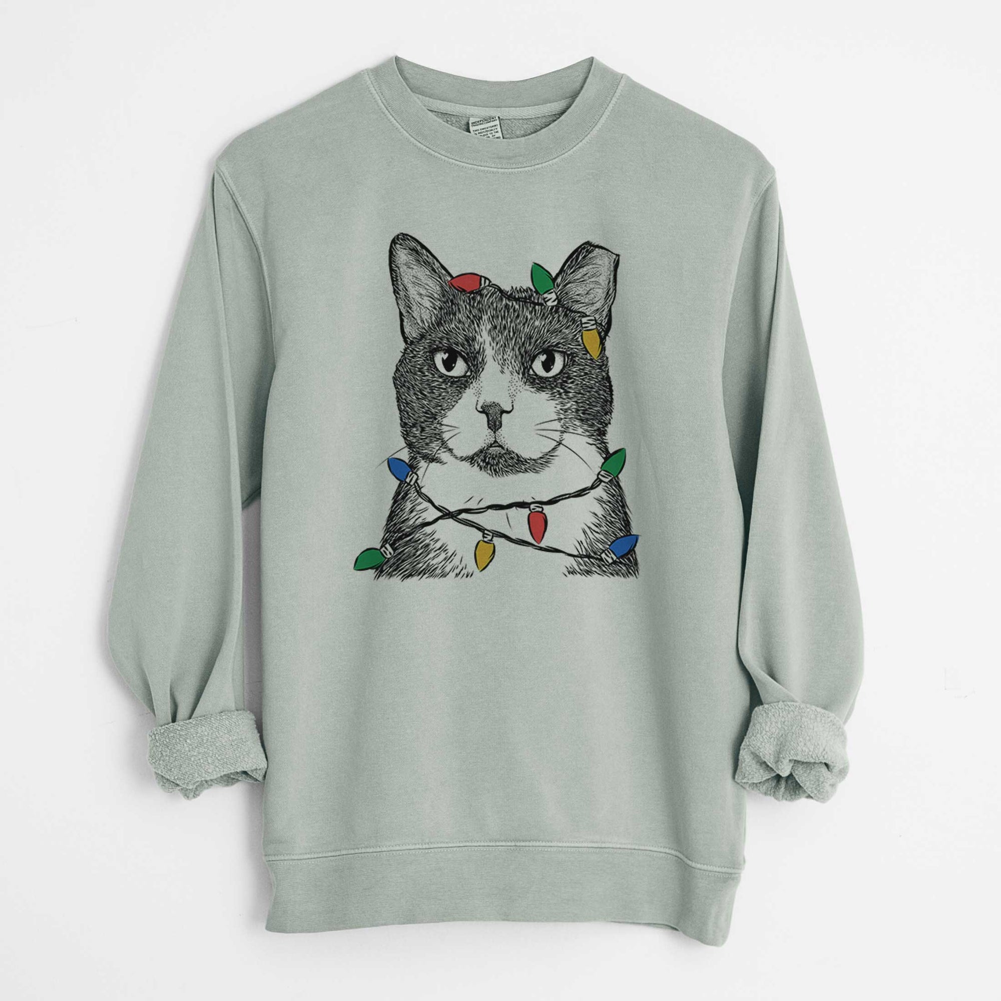 Christmas Lights Pinky the Tuxedo Cat - Unisex Pigment Dyed Crew Sweatshirt