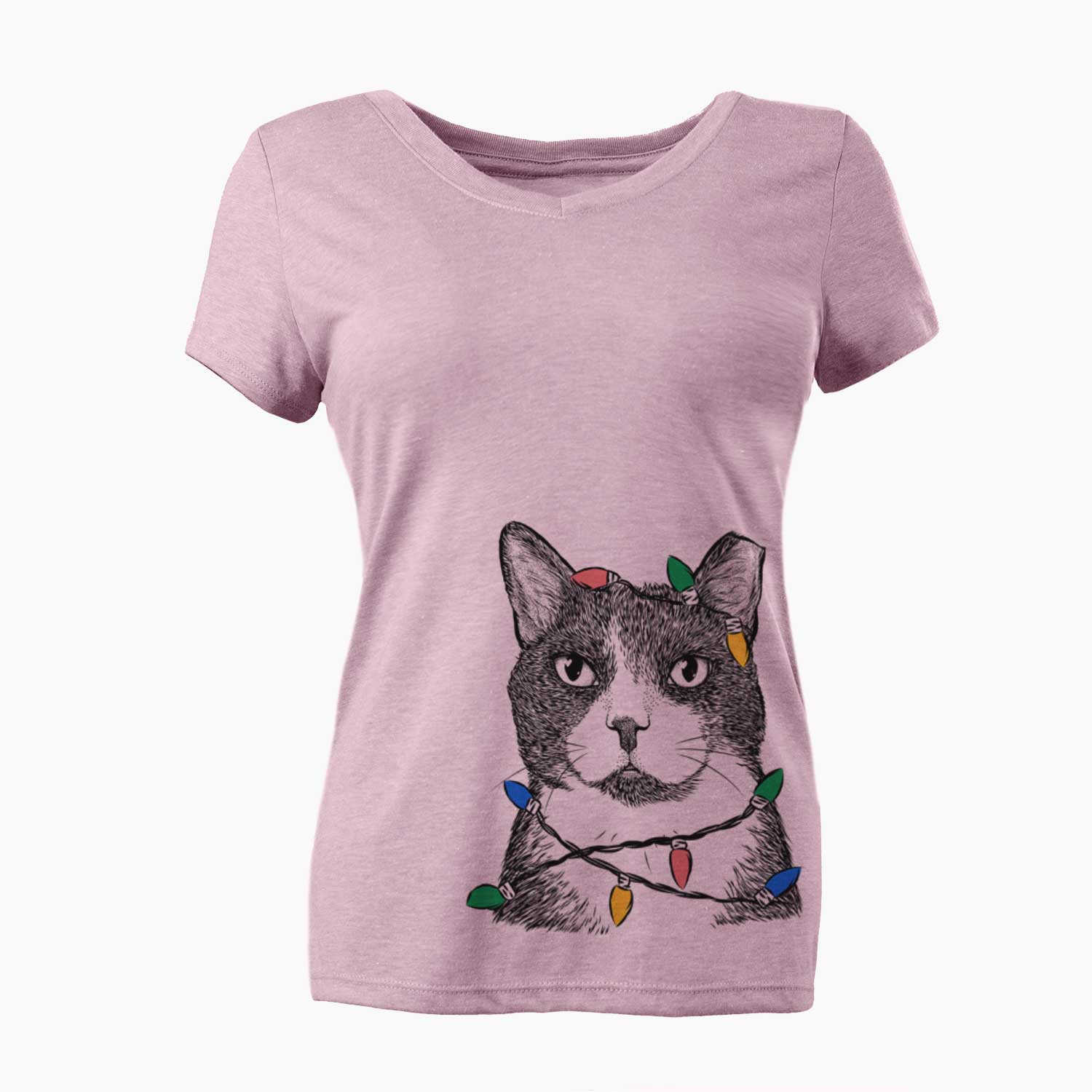 Christmas Lights Pinky the Tuxedo Cat - Women's V-neck Shirt