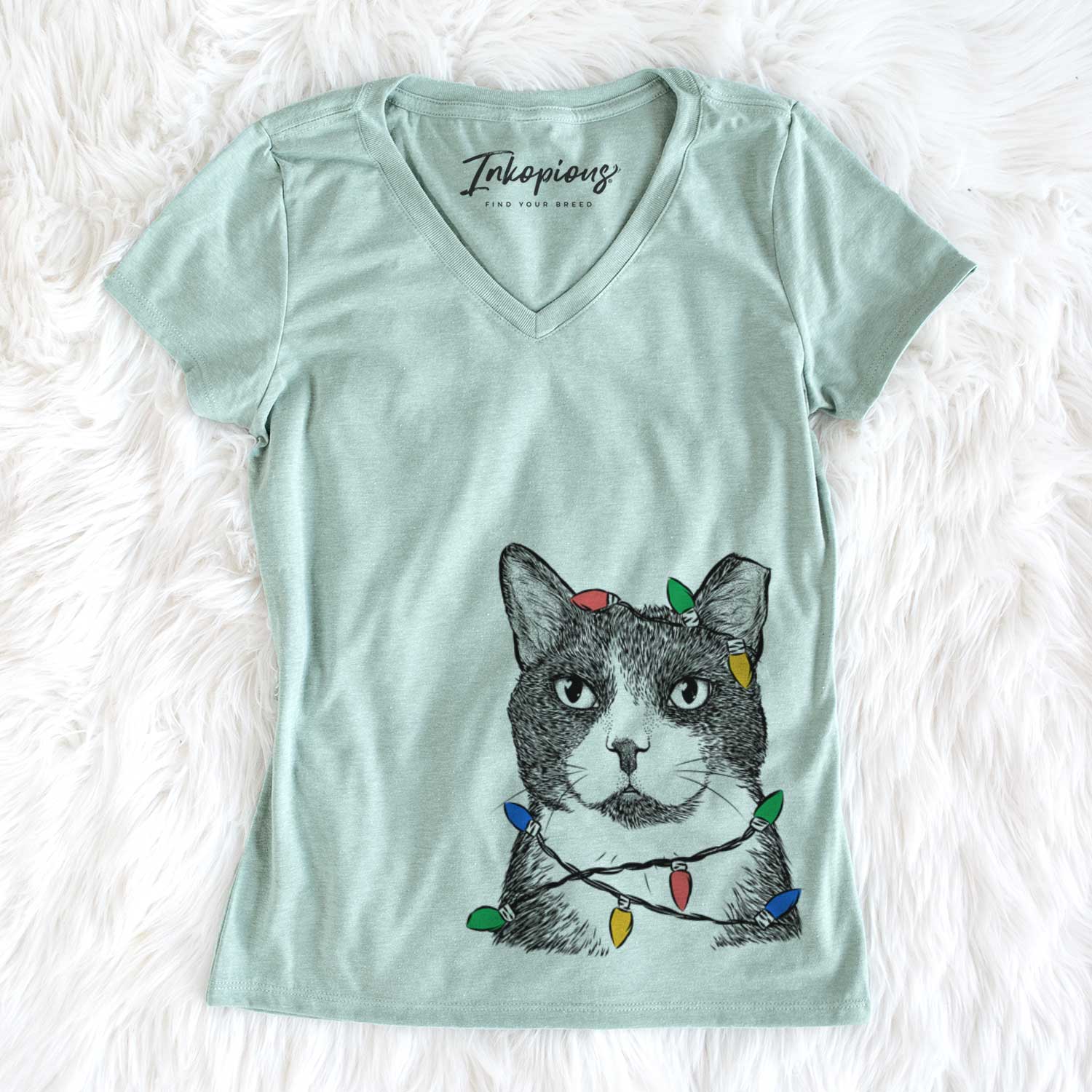 Christmas Lights Pinky the Tuxedo Cat - Women's V-neck Shirt