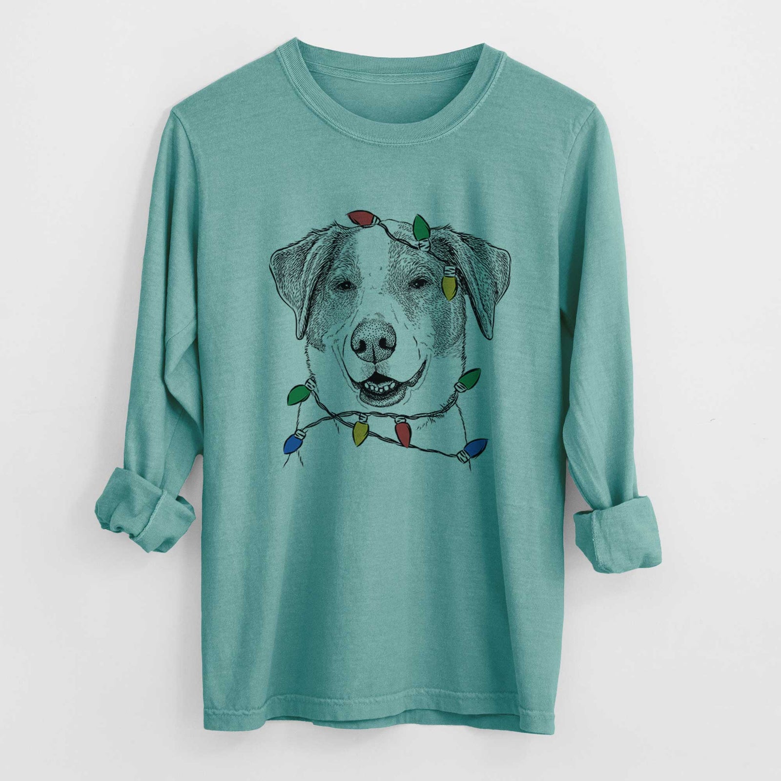 Christmas Lights Piper Pilot the Hound Mix - Heavyweight 100% Cotton Long Sleeve