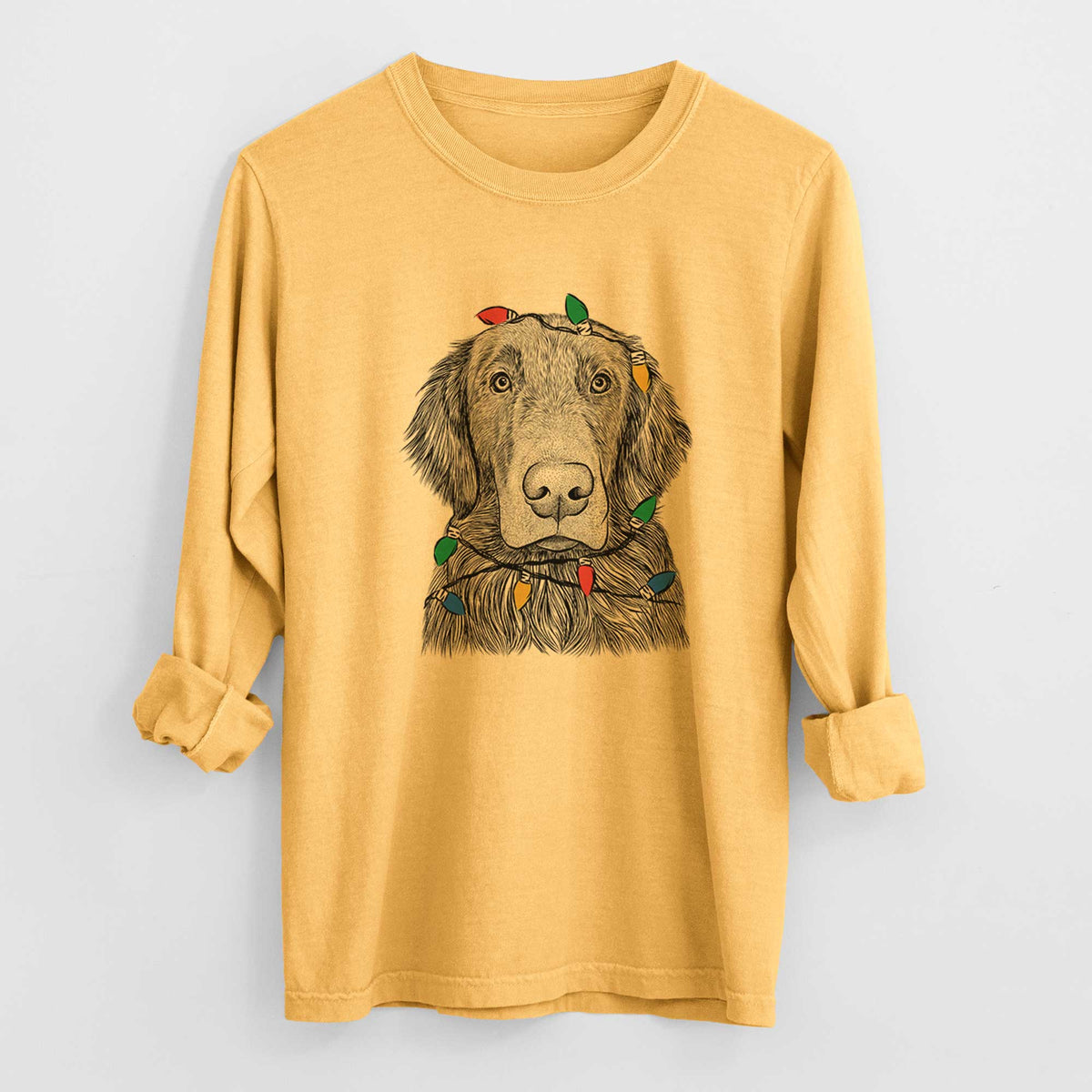 Christmas Lights Pippin the Flat Coated Retriever - Heavyweight 100% Cotton Long Sleeve