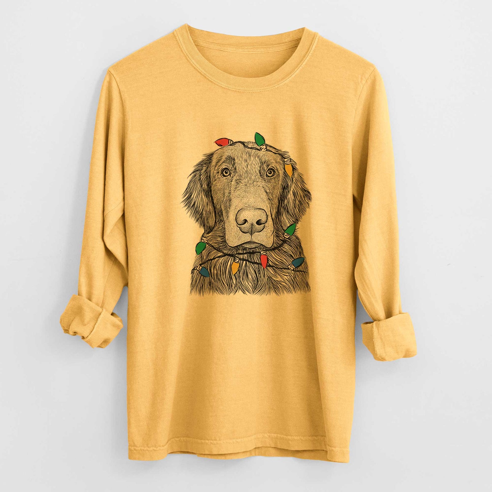 Christmas Lights Pippin the Flat Coated Retriever - Heavyweight 100% Cotton Long Sleeve