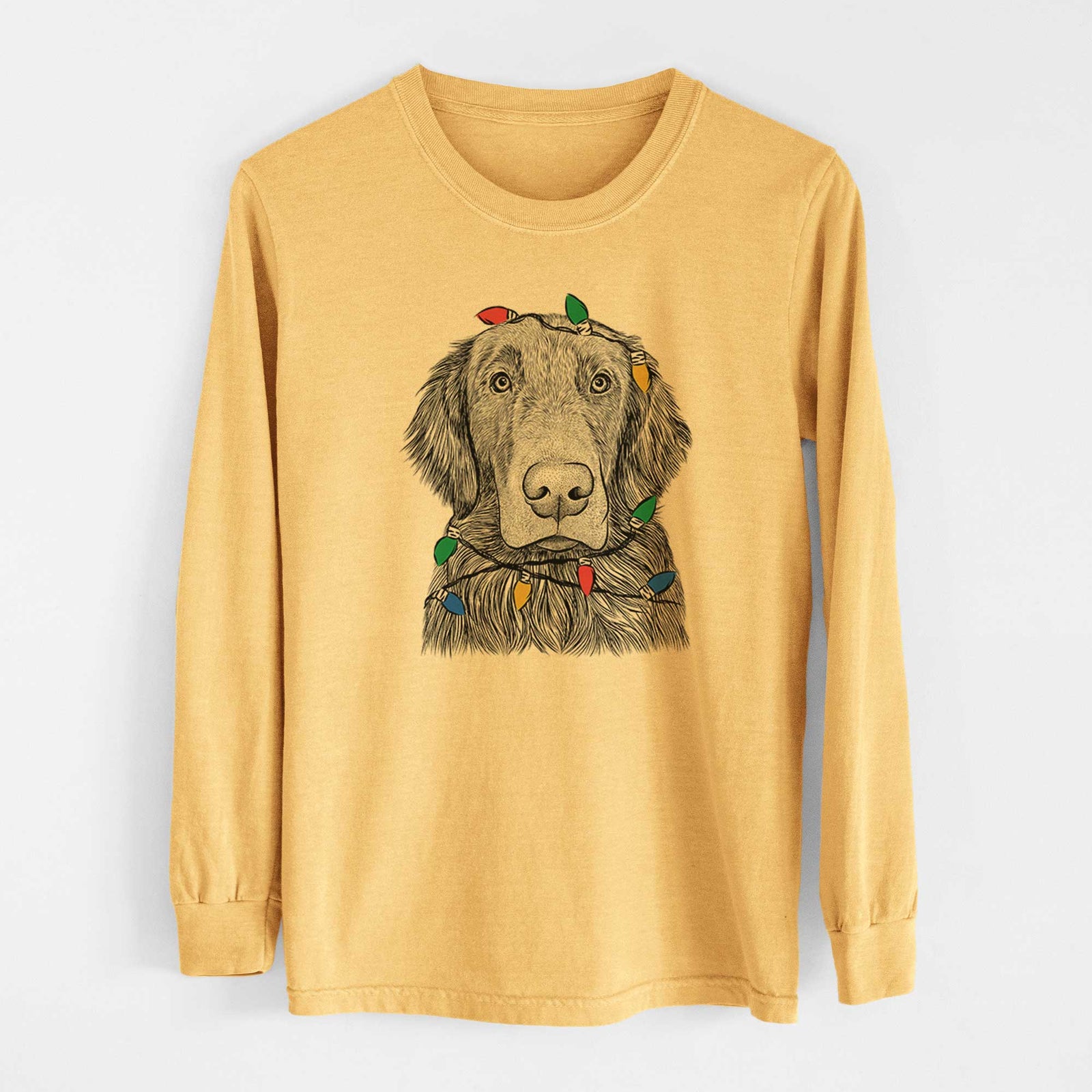 Christmas Lights Pippin the Flat Coated Retriever - Heavyweight 100% Cotton Long Sleeve