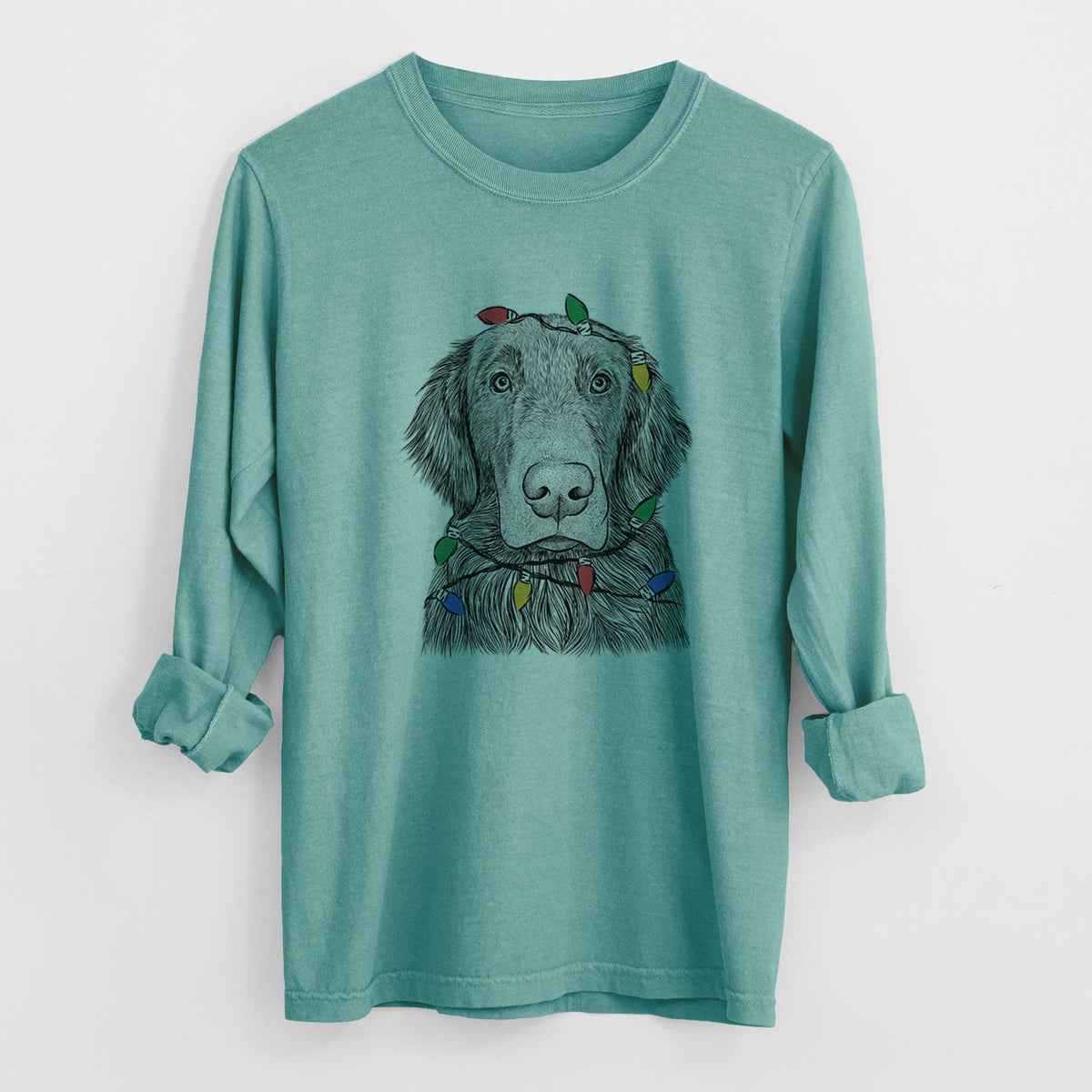 Christmas Lights Pippin the Flat Coated Retriever - Heavyweight 100% Cotton Long Sleeve