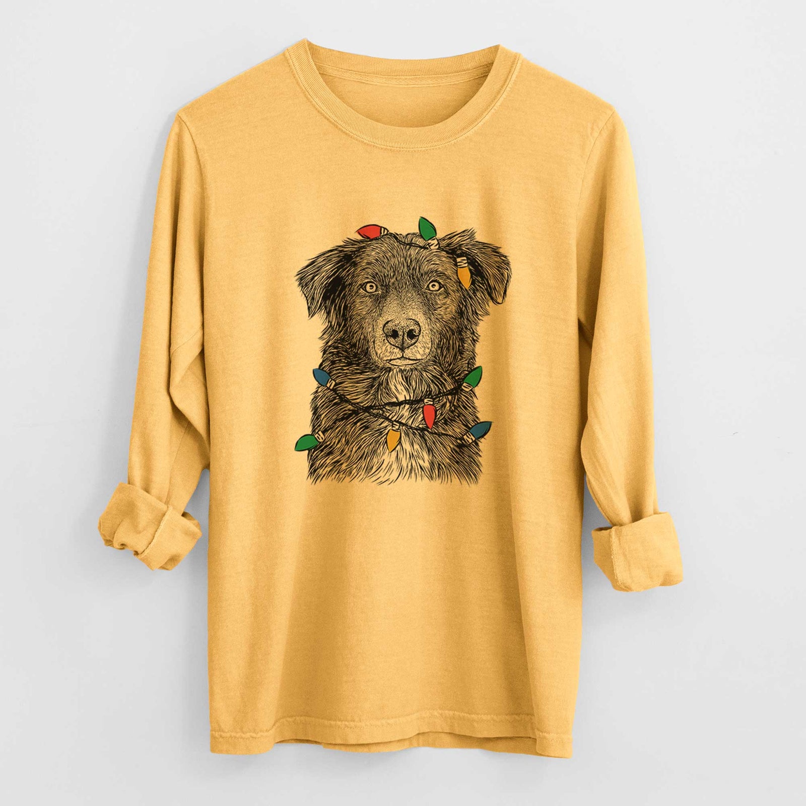 Christmas Lights Pixel the Australian Shepherd - Heavyweight 100% Cotton Long Sleeve