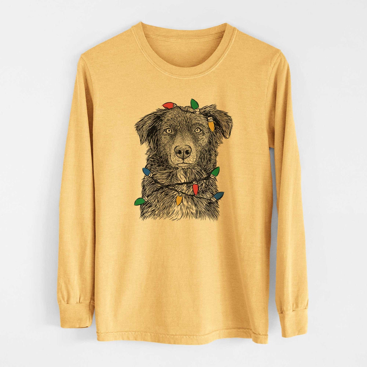 Christmas Lights Pixel the Australian Shepherd - Heavyweight 100% Cotton Long Sleeve