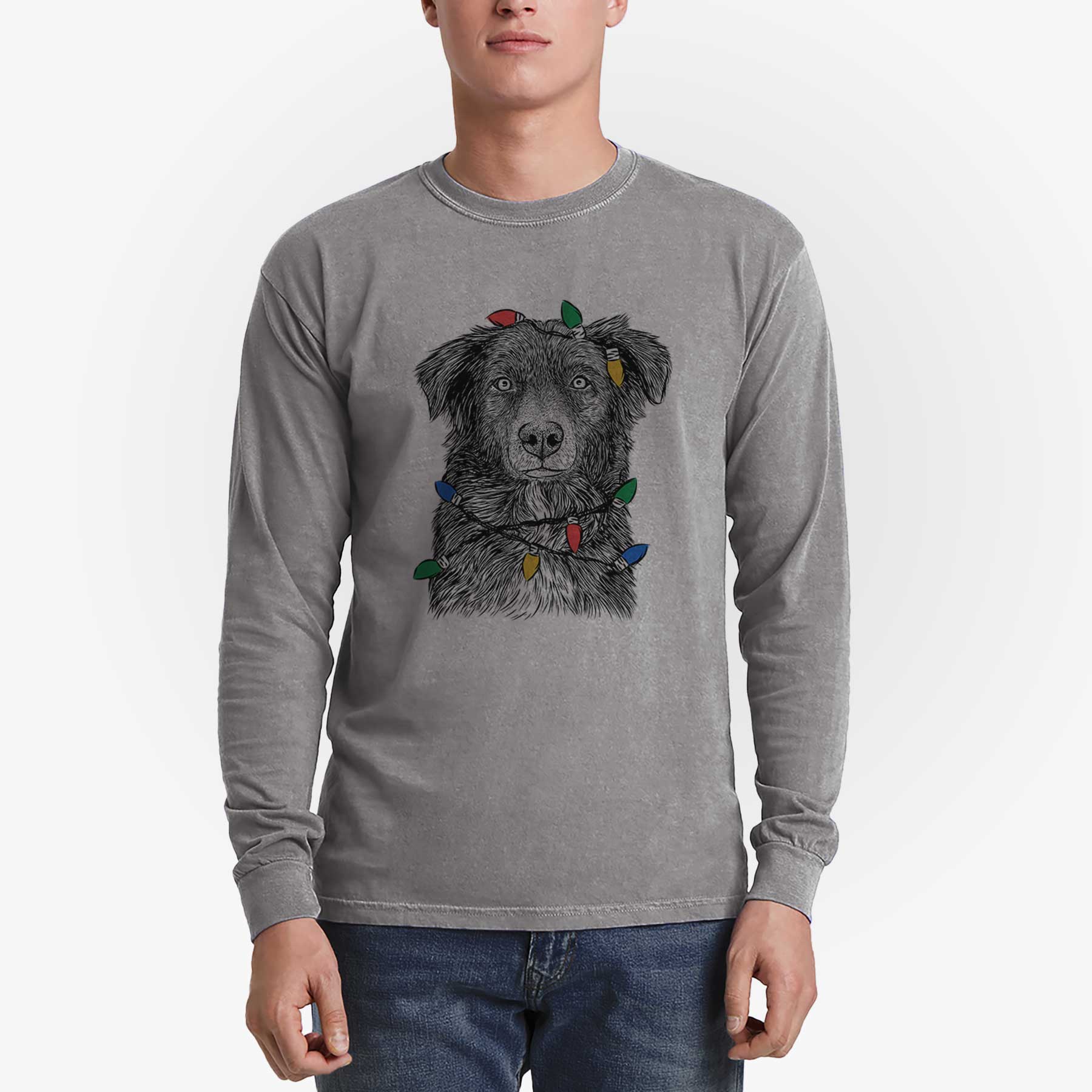 Christmas Lights Pixel the Australian Shepherd - Heavyweight 100% Cotton Long Sleeve