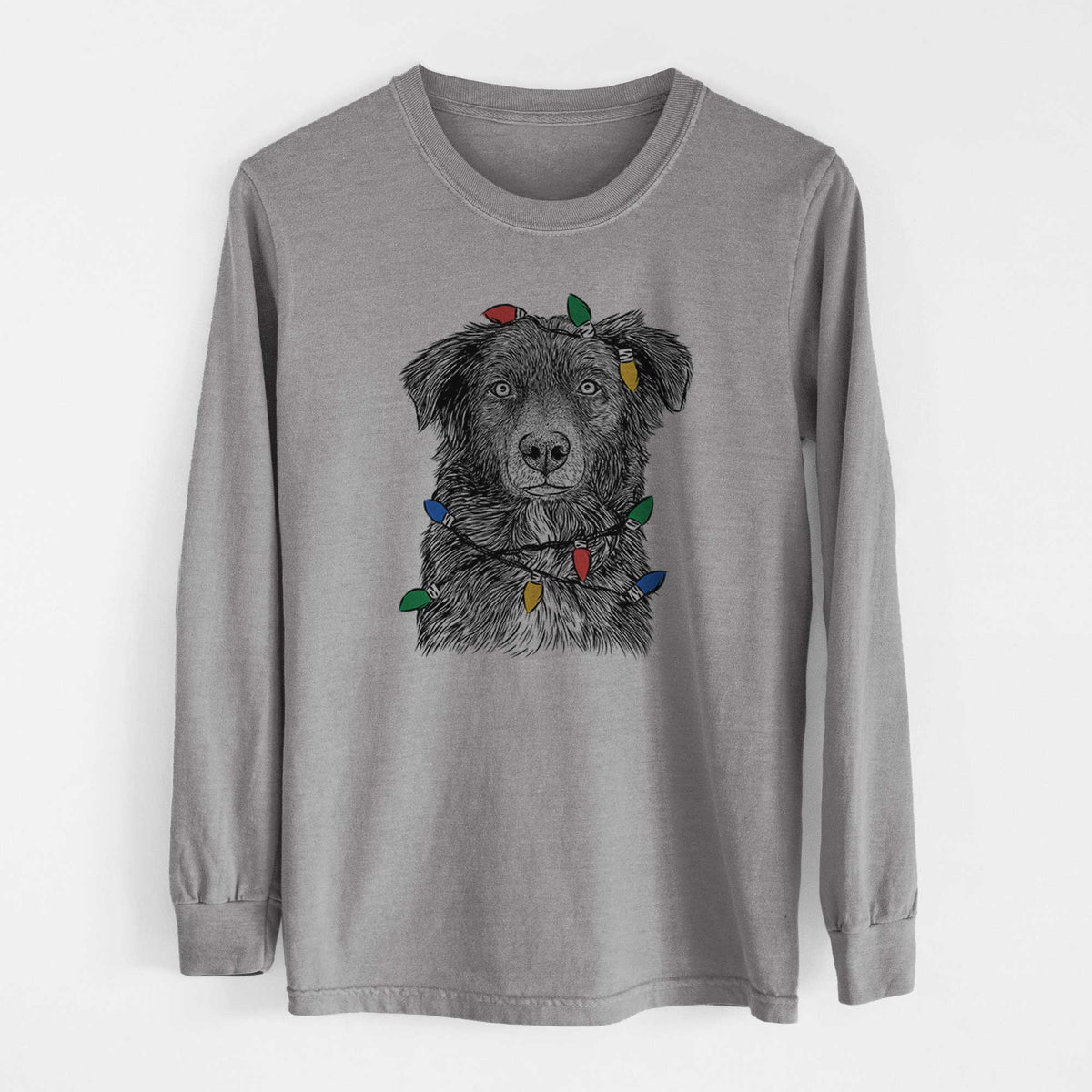 Christmas Lights Pixel the Australian Shepherd - Heavyweight 100% Cotton Long Sleeve