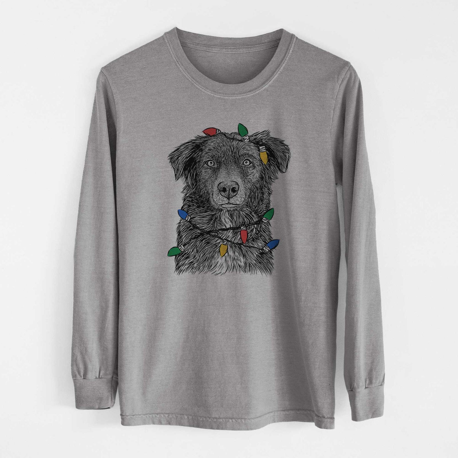 Christmas Lights Pixel the Australian Shepherd - Heavyweight 100% Cotton Long Sleeve