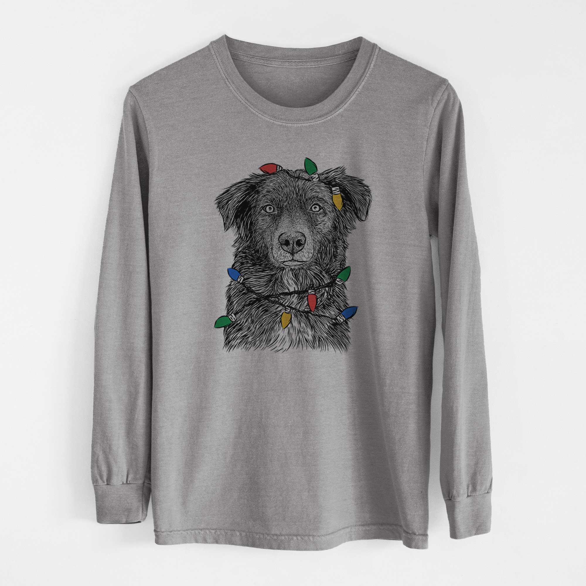 Christmas Lights Pixel the Australian Shepherd - Heavyweight 100% Cotton Long Sleeve