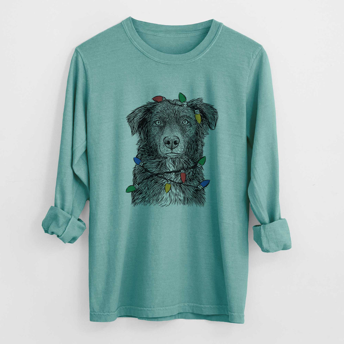 Christmas Lights Pixel the Australian Shepherd - Heavyweight 100% Cotton Long Sleeve
