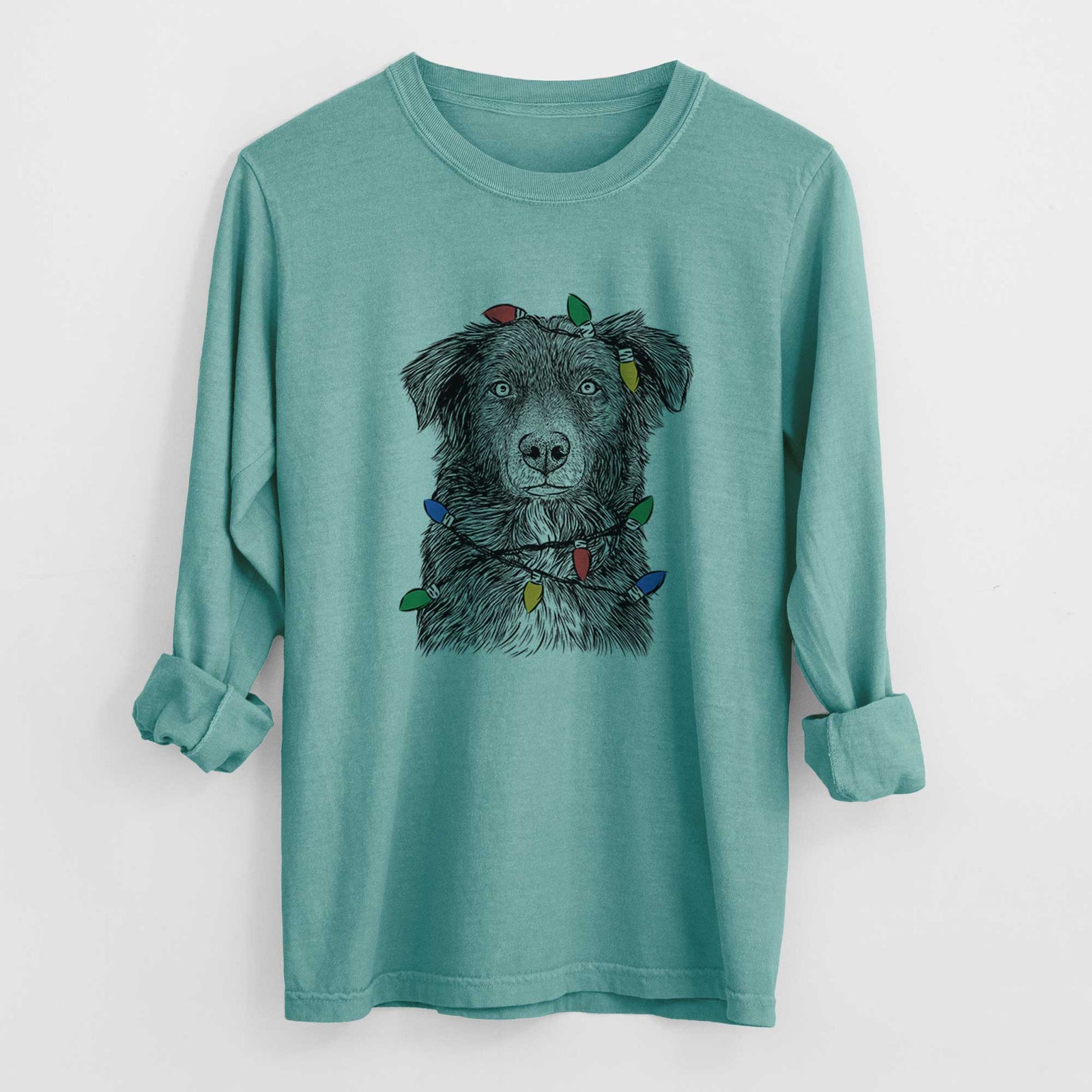 Christmas Lights Pixel the Australian Shepherd - Heavyweight 100% Cotton Long Sleeve