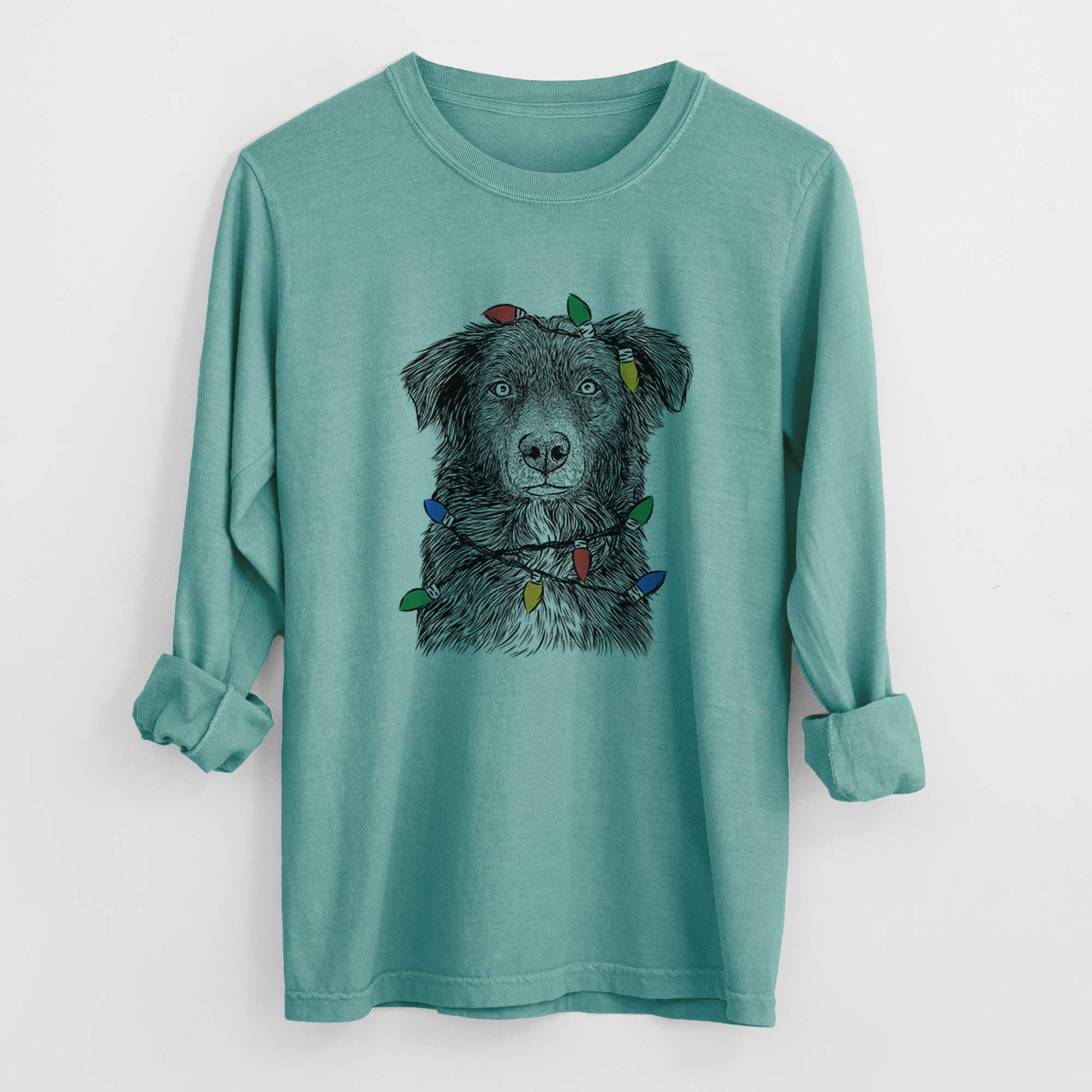 Christmas Lights Pixel the Australian Shepherd - Heavyweight 100% Cotton Long Sleeve