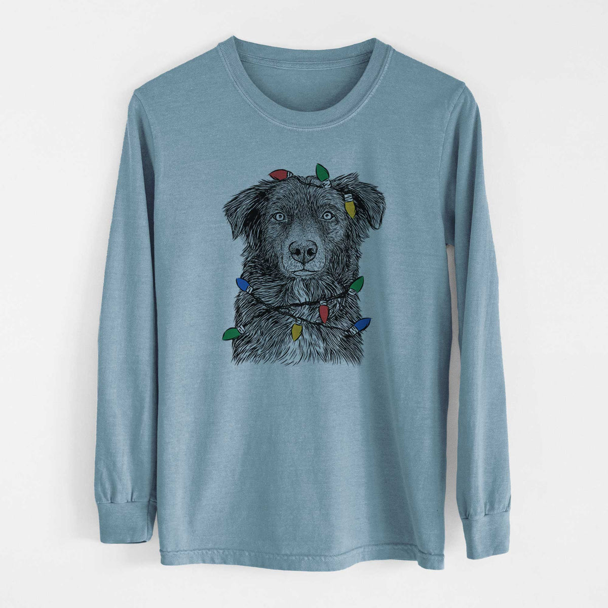 Christmas Lights Pixel the Australian Shepherd - Heavyweight 100% Cotton Long Sleeve