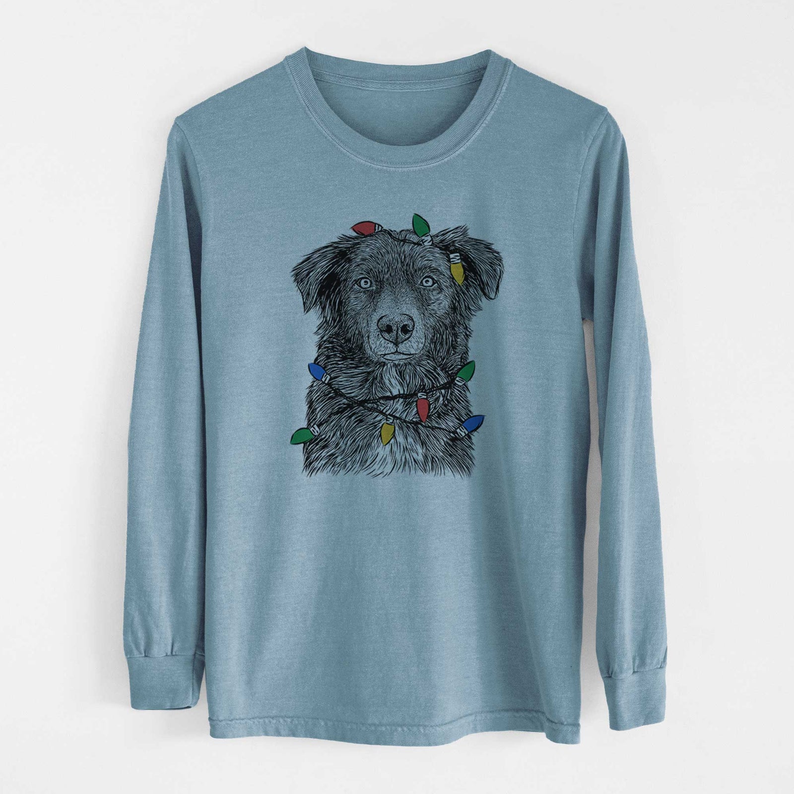 Christmas Lights Pixel the Australian Shepherd - Heavyweight 100% Cotton Long Sleeve