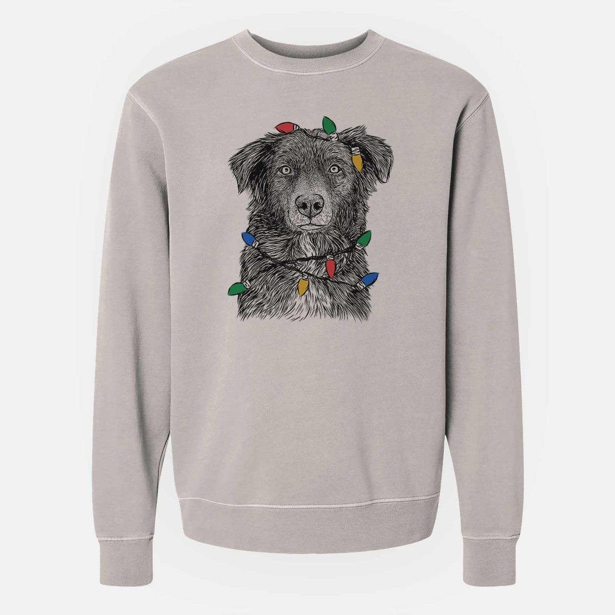Christmas Lights Pixel the Australian Shepherd - Unisex Pigment Dyed Crew Sweatshirt