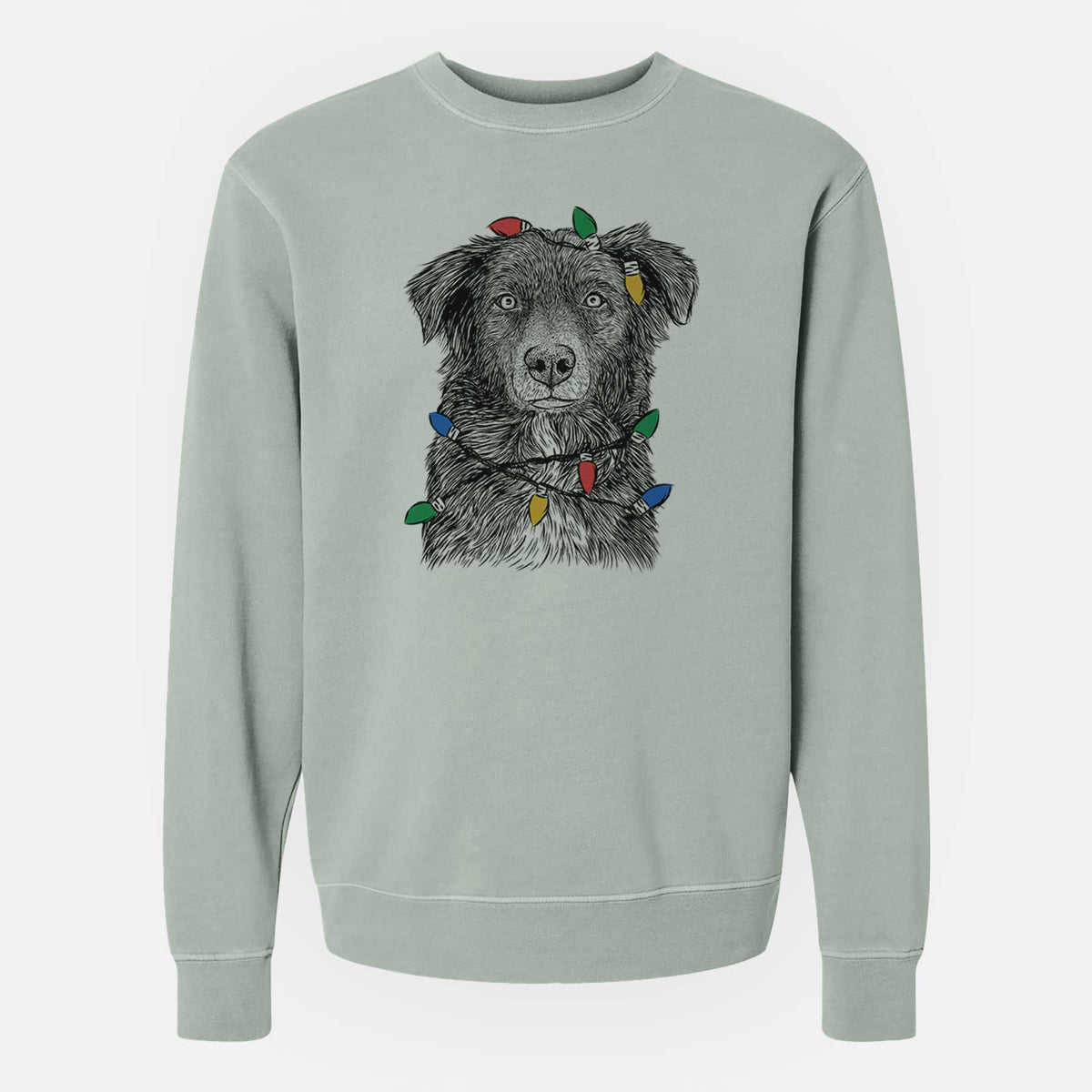 Christmas Lights Pixel the Australian Shepherd - Unisex Pigment Dyed Crew Sweatshirt