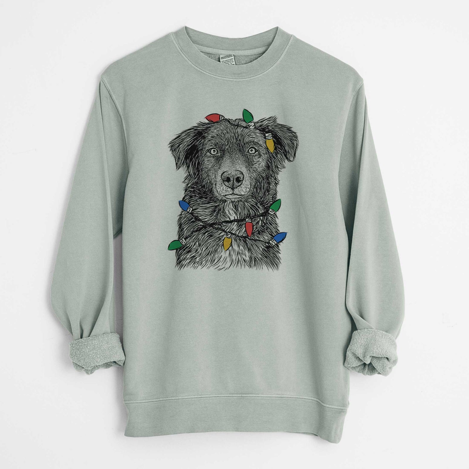 Christmas Lights Pixel the Australian Shepherd - Unisex Pigment Dyed Crew Sweatshirt