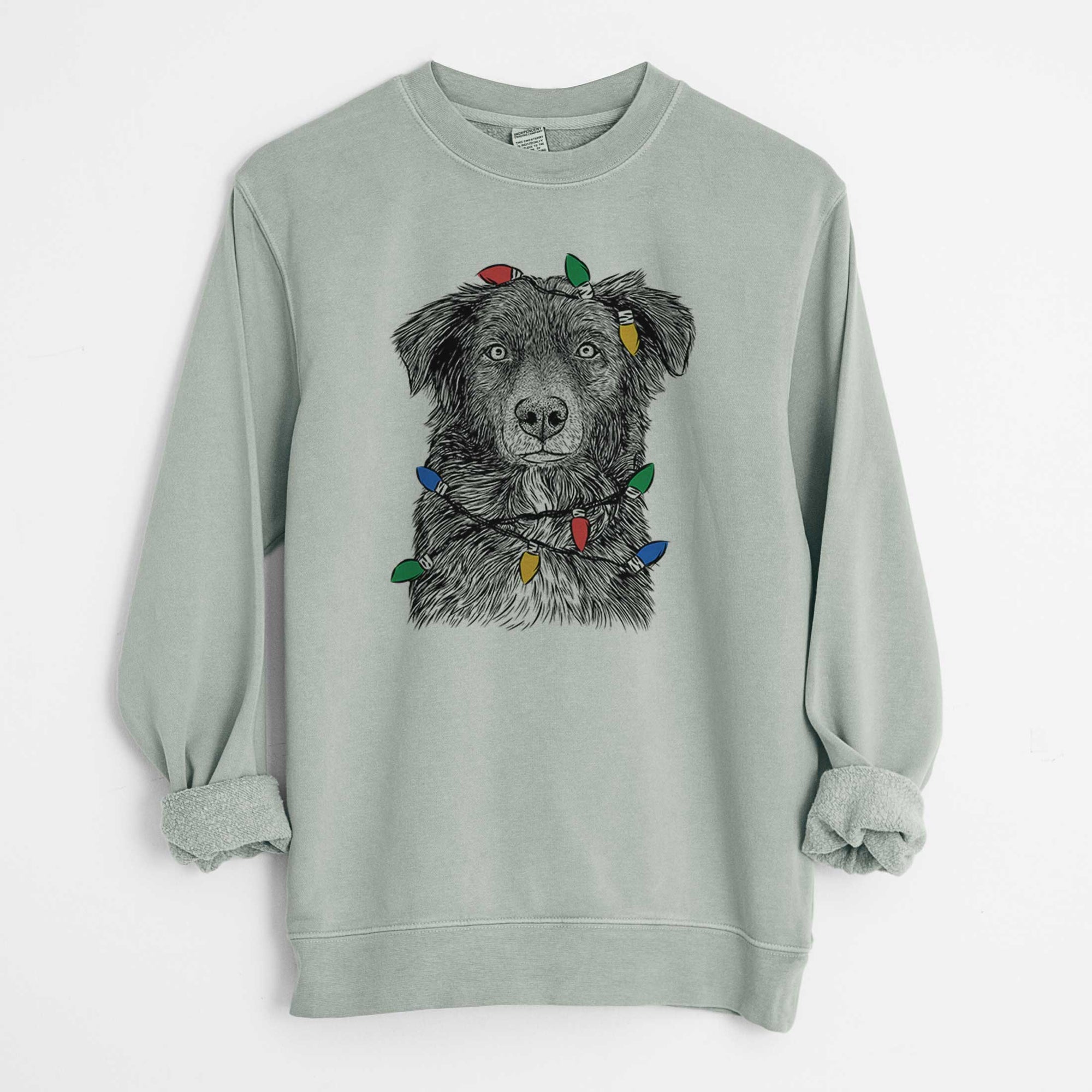 Christmas Lights Pixel the Australian Shepherd - Unisex Pigment Dyed Crew Sweatshirt
