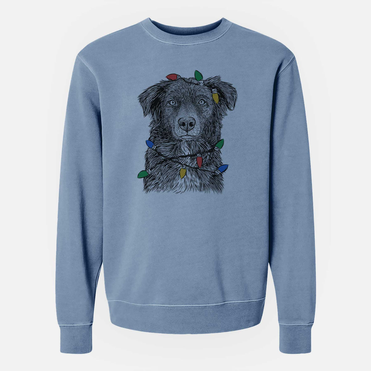Christmas Lights Pixel the Australian Shepherd - Unisex Pigment Dyed Crew Sweatshirt